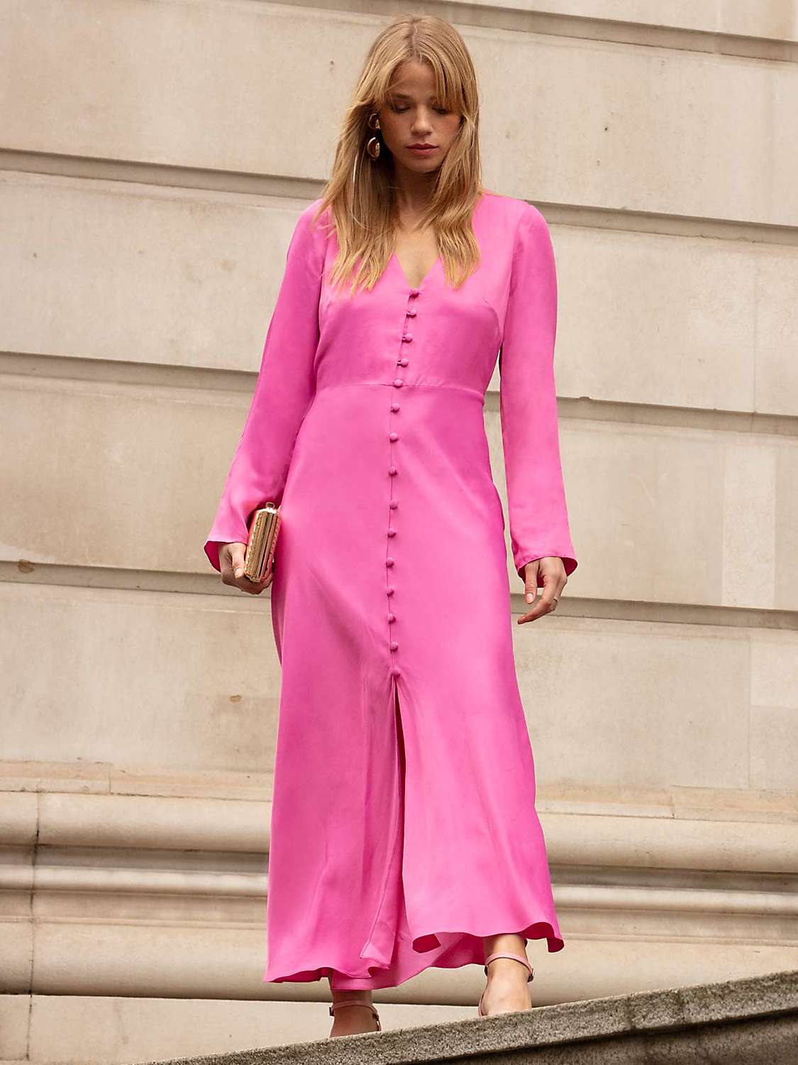 Buy Ro&Zo Lilah Satin Button Front Midi Dress, Pink Online at johnlewis.com