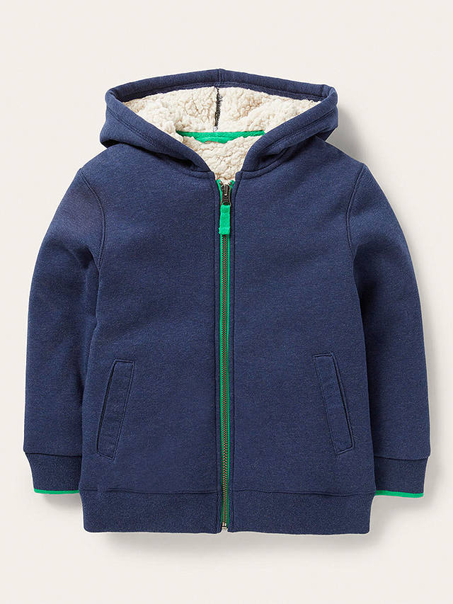 Mini Boden Kids' Borg-Lined Zip-Up Hoodie, Blue Mid