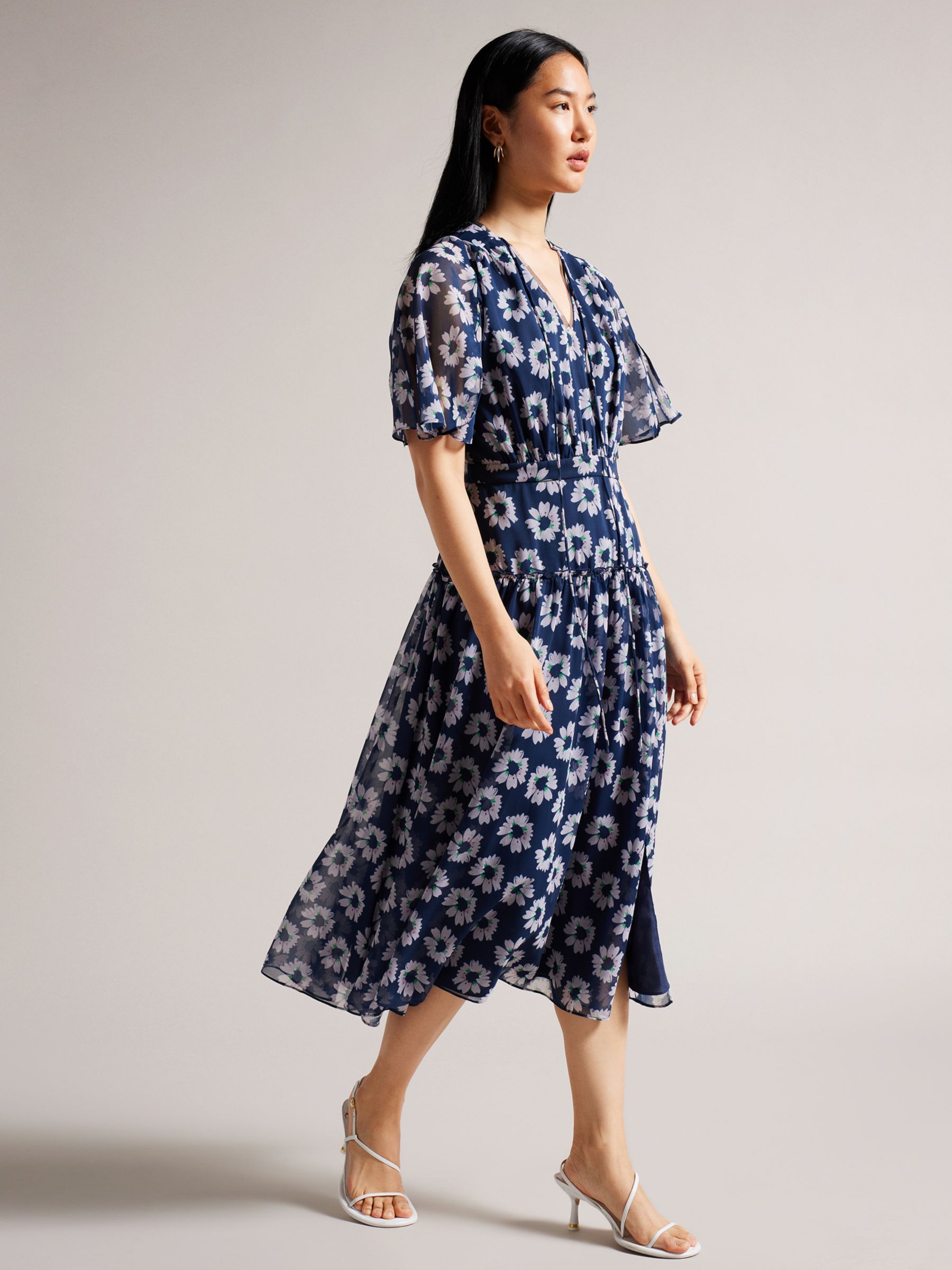 Ted Baker Marllee Fit and Flare Floral Tiered Midi Dress, Dark Navy/White  at John Lewis u0026 Partners