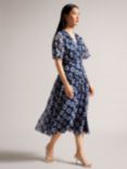 Ted Baker Marllee Fit and Flare Floral Tiered Midi Dress, Dark Navy/White, Dark Navy/White