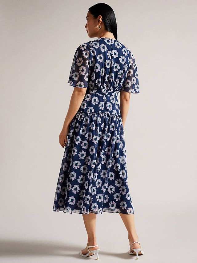 Ted Baker Marllee Fit and Flare Floral Tiered Midi Dress, Dark Navy/White