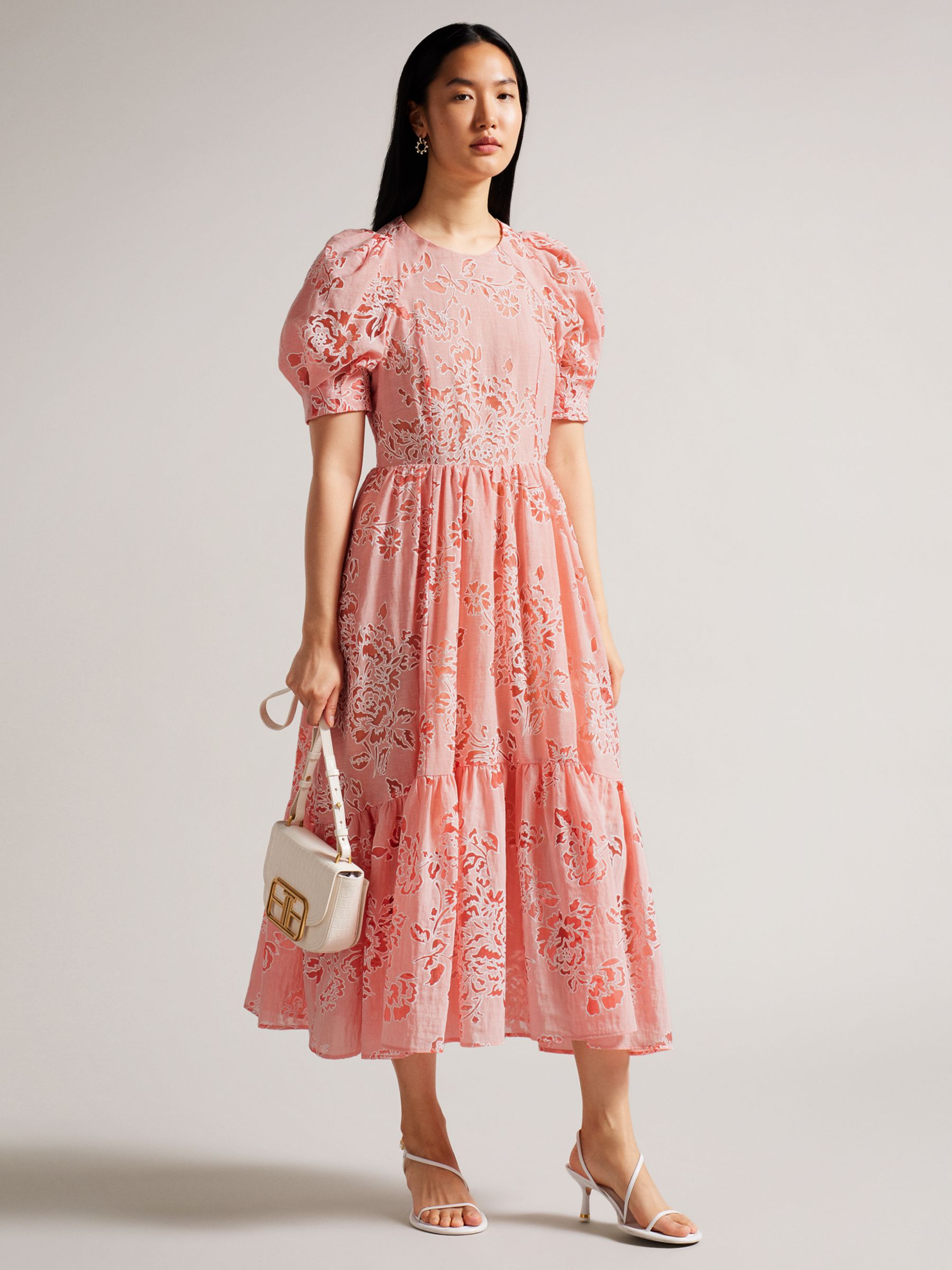 Ted Baker Esthher Floral Tiered Midi Dress, Coral