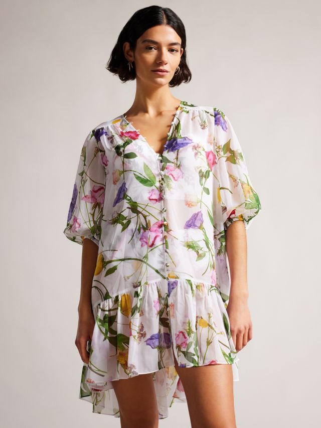 Ted Baker Rosemaryy Floral Print Kaftan, White, S