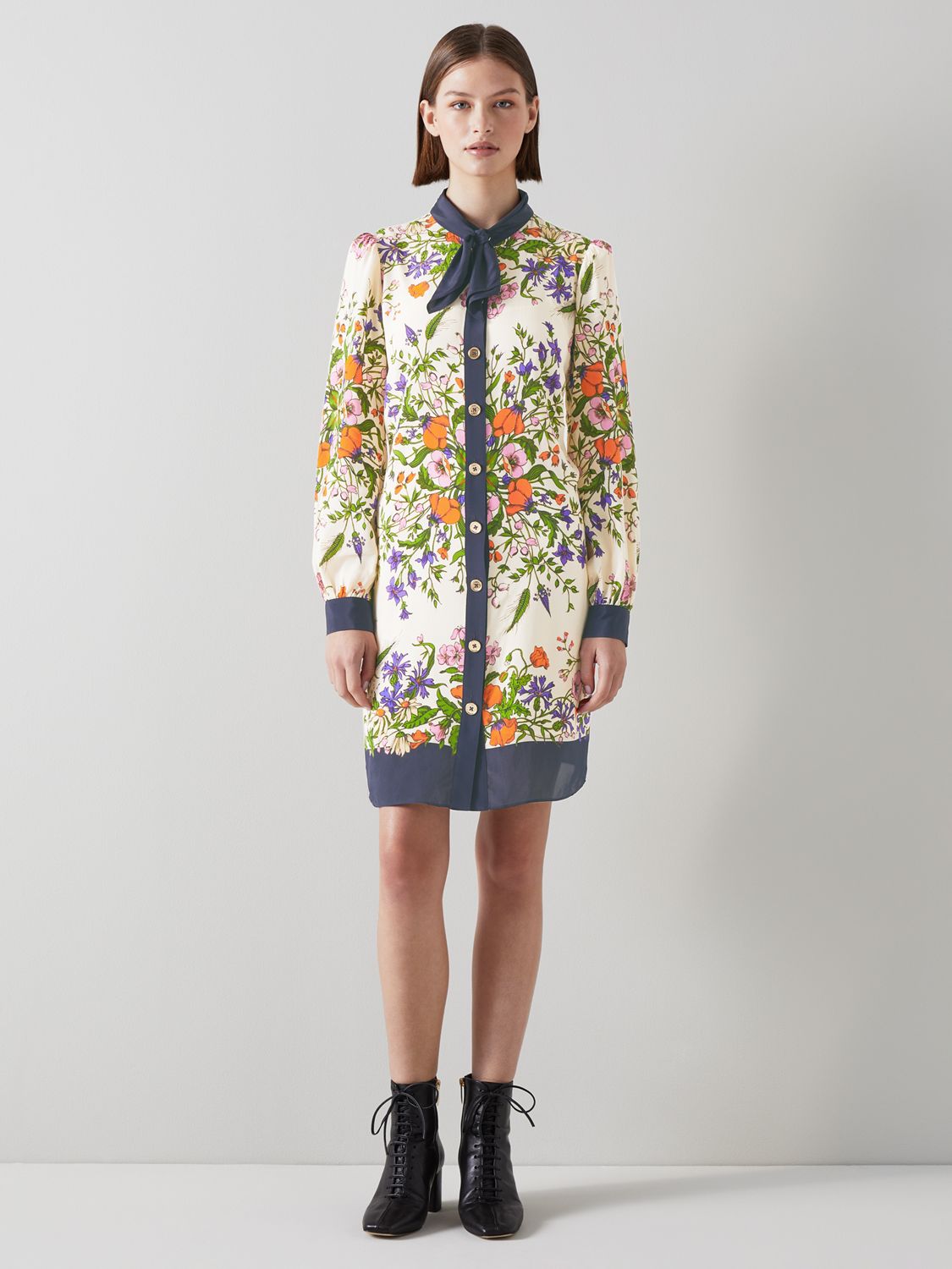 L.K.Bennett Ernst Silk Blend Floral Print Dress, Cream/Multi at John ...