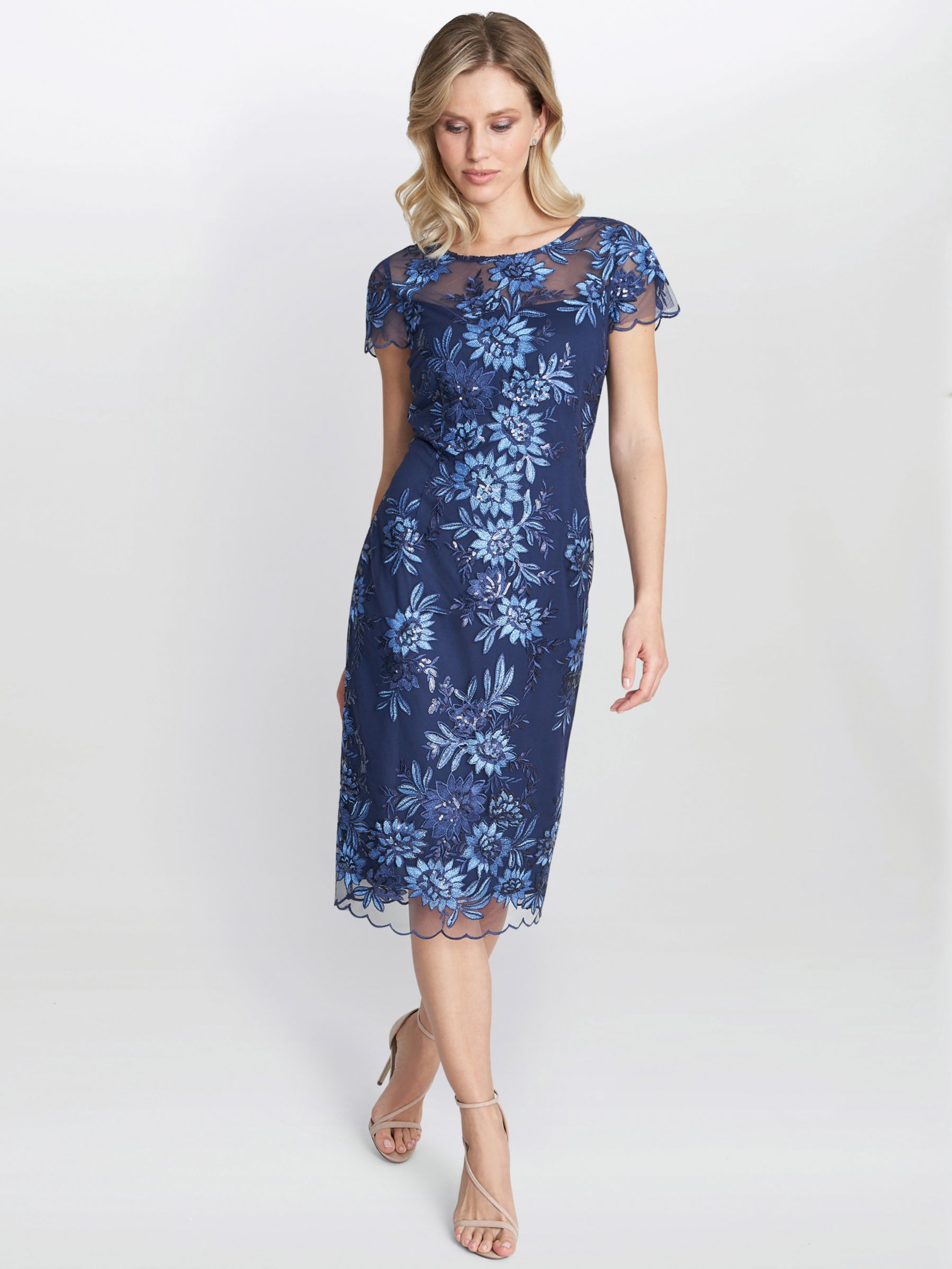 Gina Bacconi Edna Embroidered Dress, Navy, 20