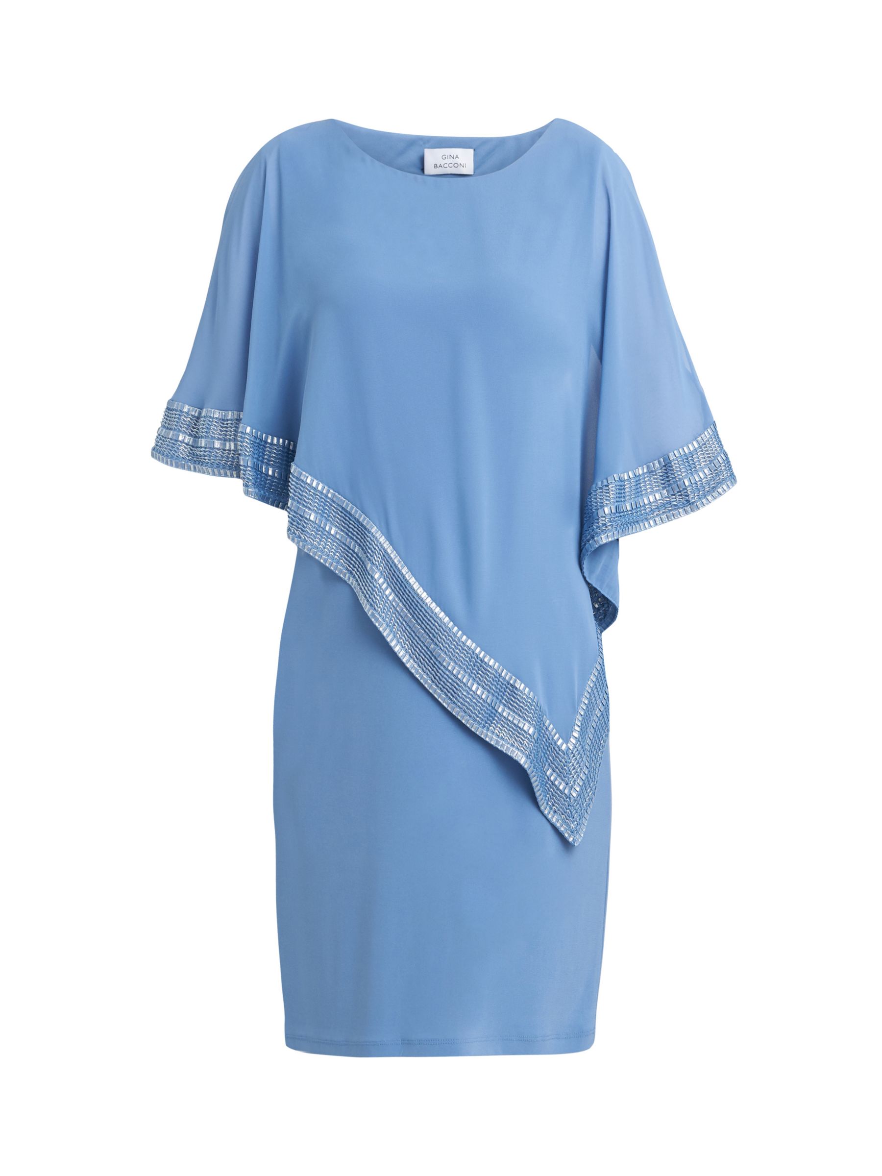 Gina Bacconi Lucy Metallic Trim Cape Dress, Silver Blue, 10