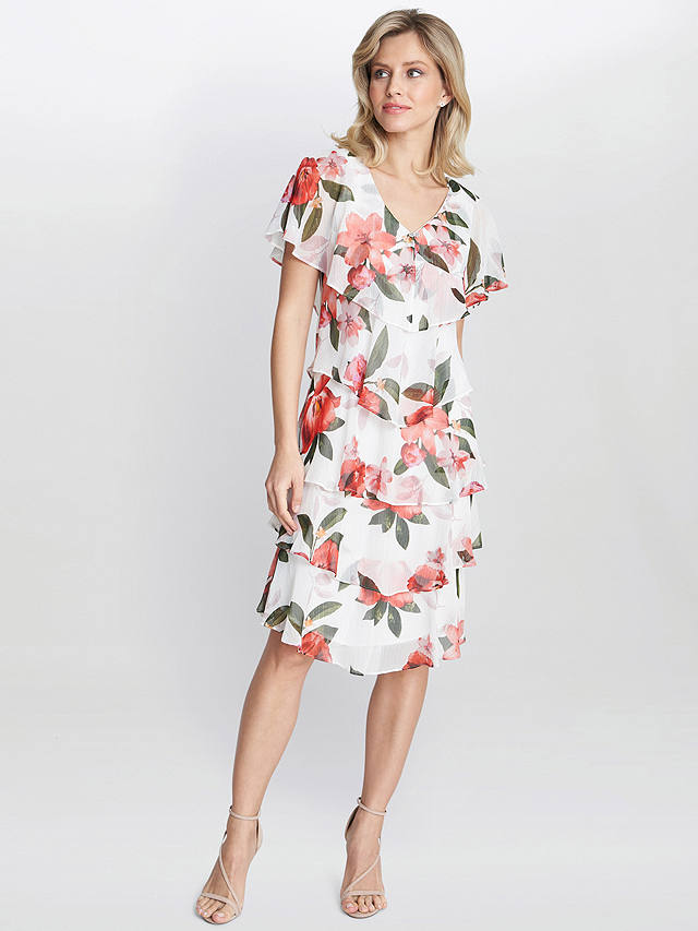 Gina Bacconi Andie Floral Print Tiered Dress, Ivory/Multi