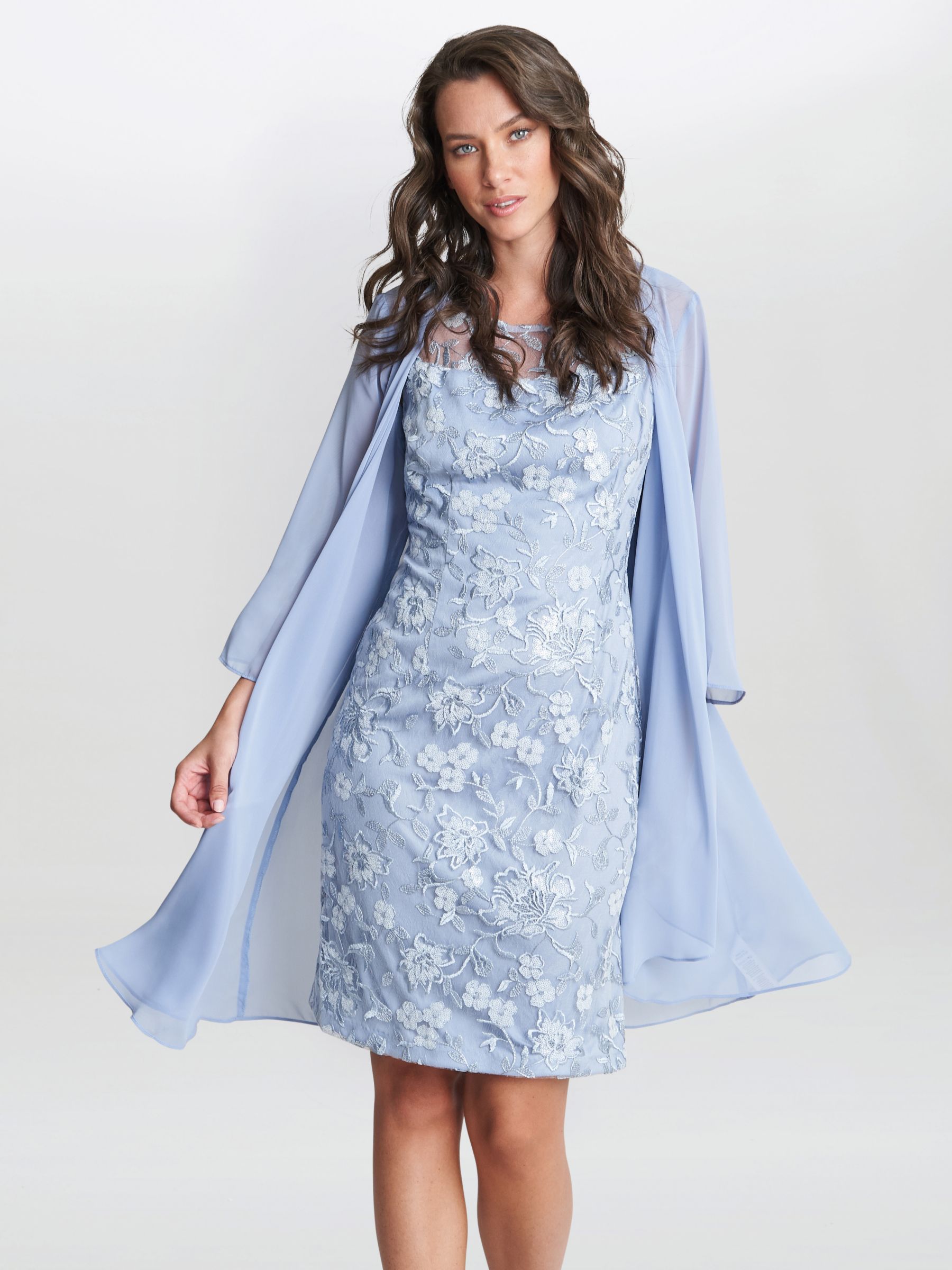 Gina Bacconi Hayley Floral Embroidered Chiffon Jacket and Dress, Light Blue