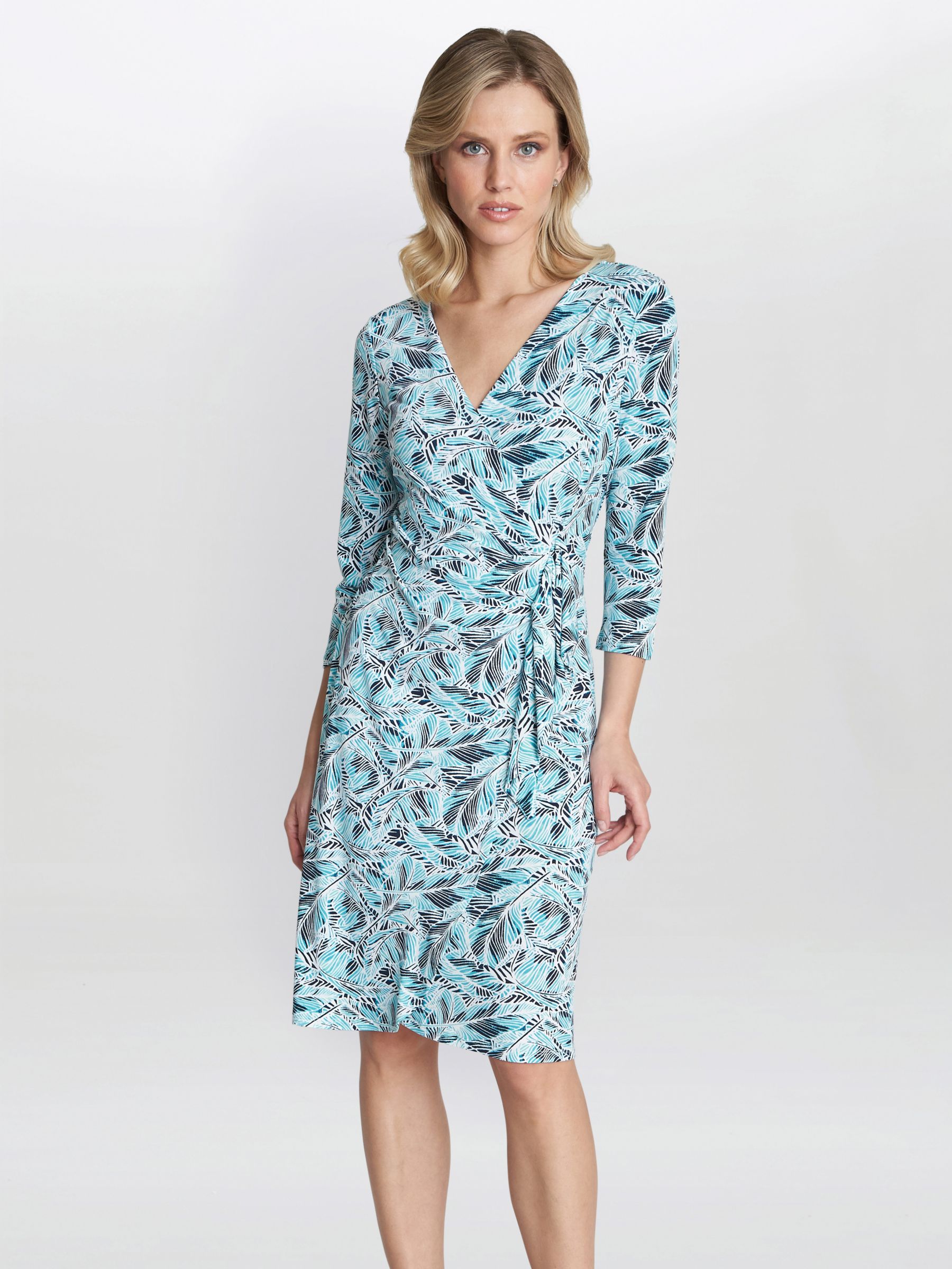 Gina Bacconi Desiray Leaf Print Jersey Dress, Turquoise
