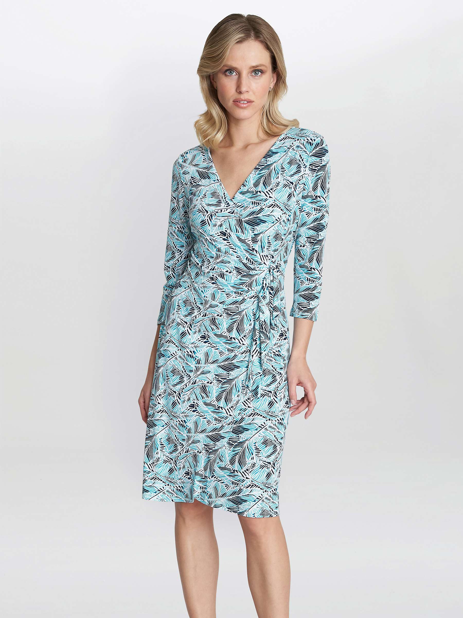 Gina Bacconi Desiray Leaf Print Jersey Dress, Turquoise at John Lewis ...