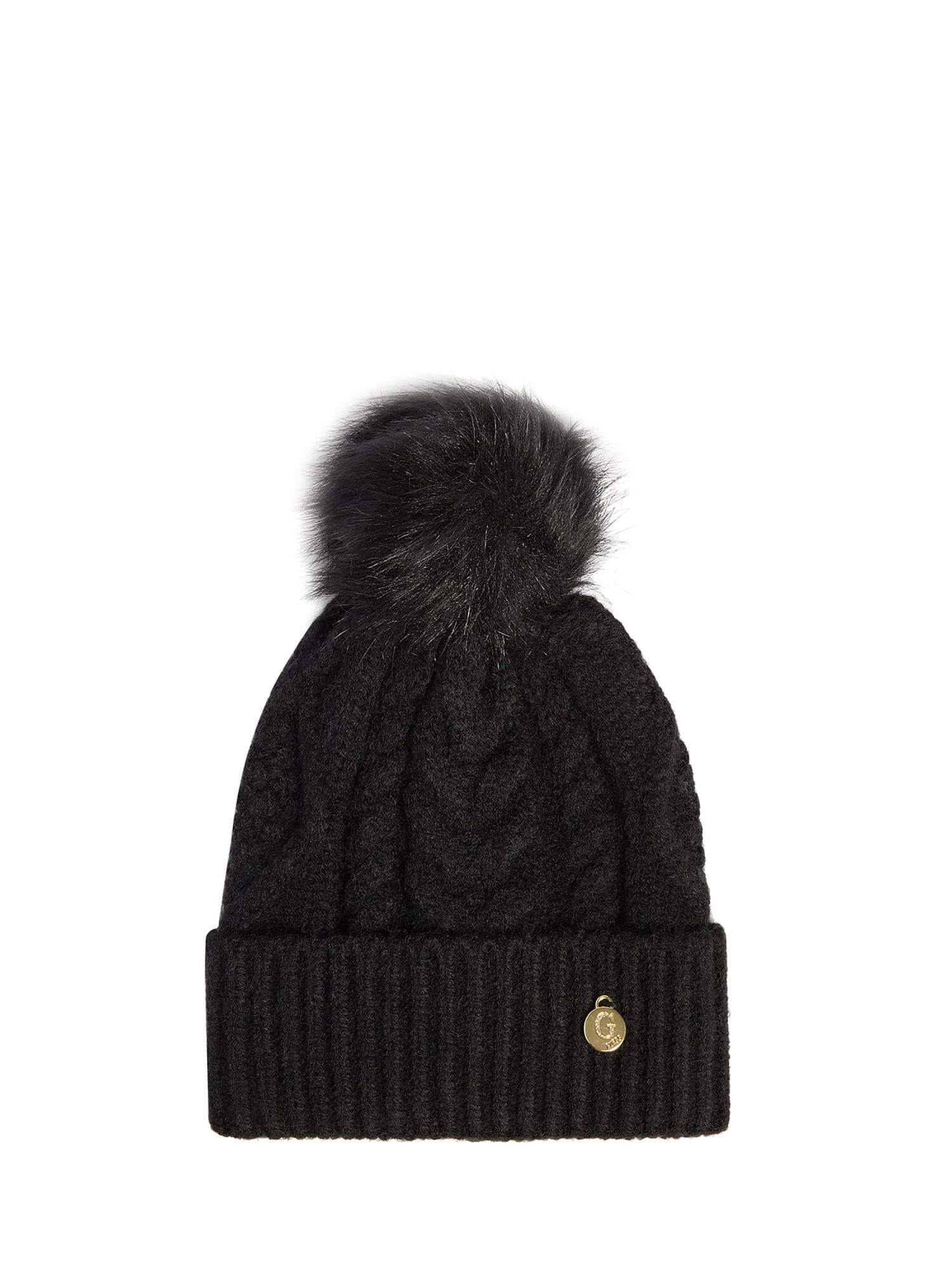 GUESS Cable Knit Bobble Hat, Black at John Lewis & Partners