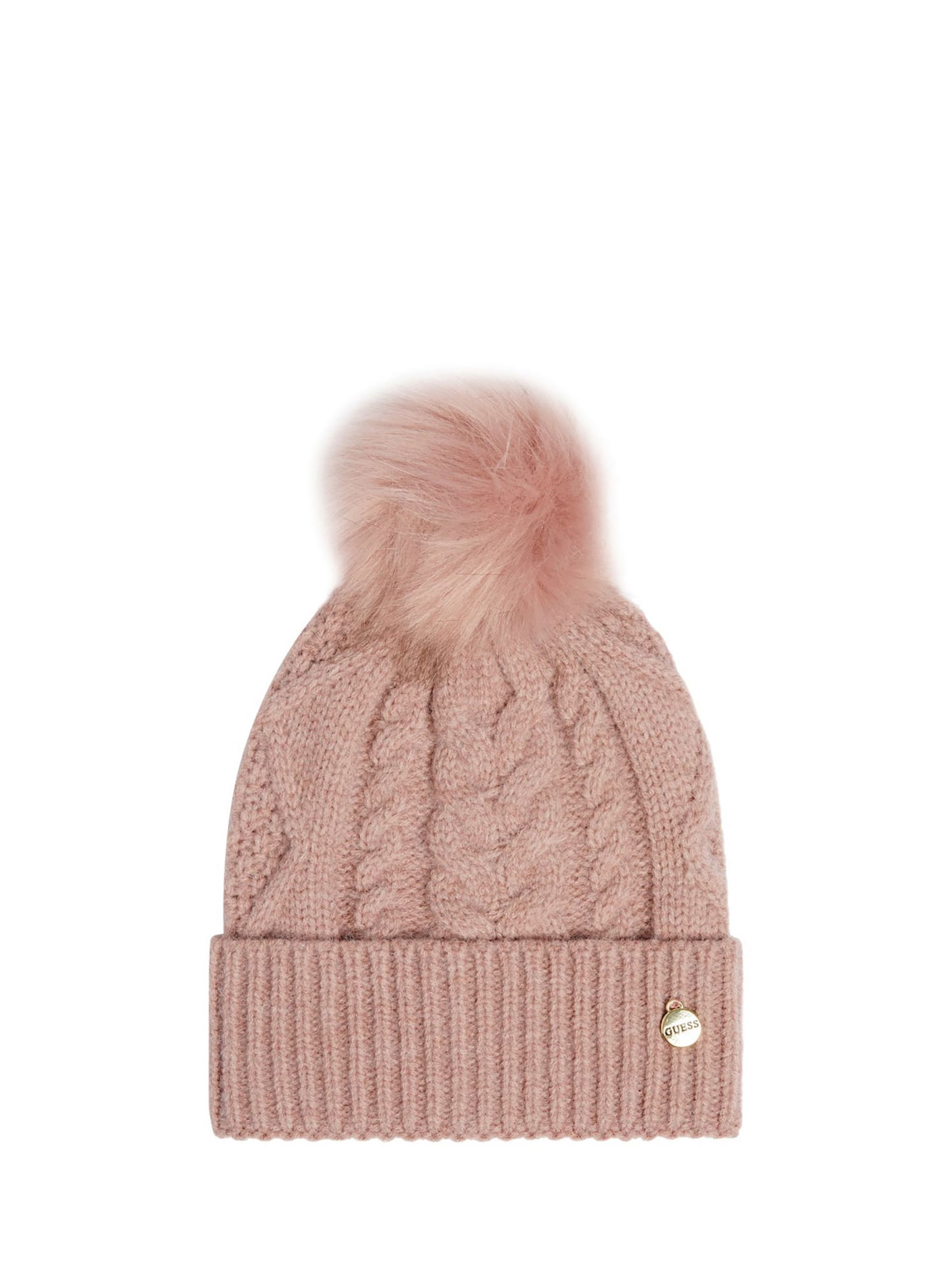 GUESS Cable Knit Bobble Hat, Antique Rose, L