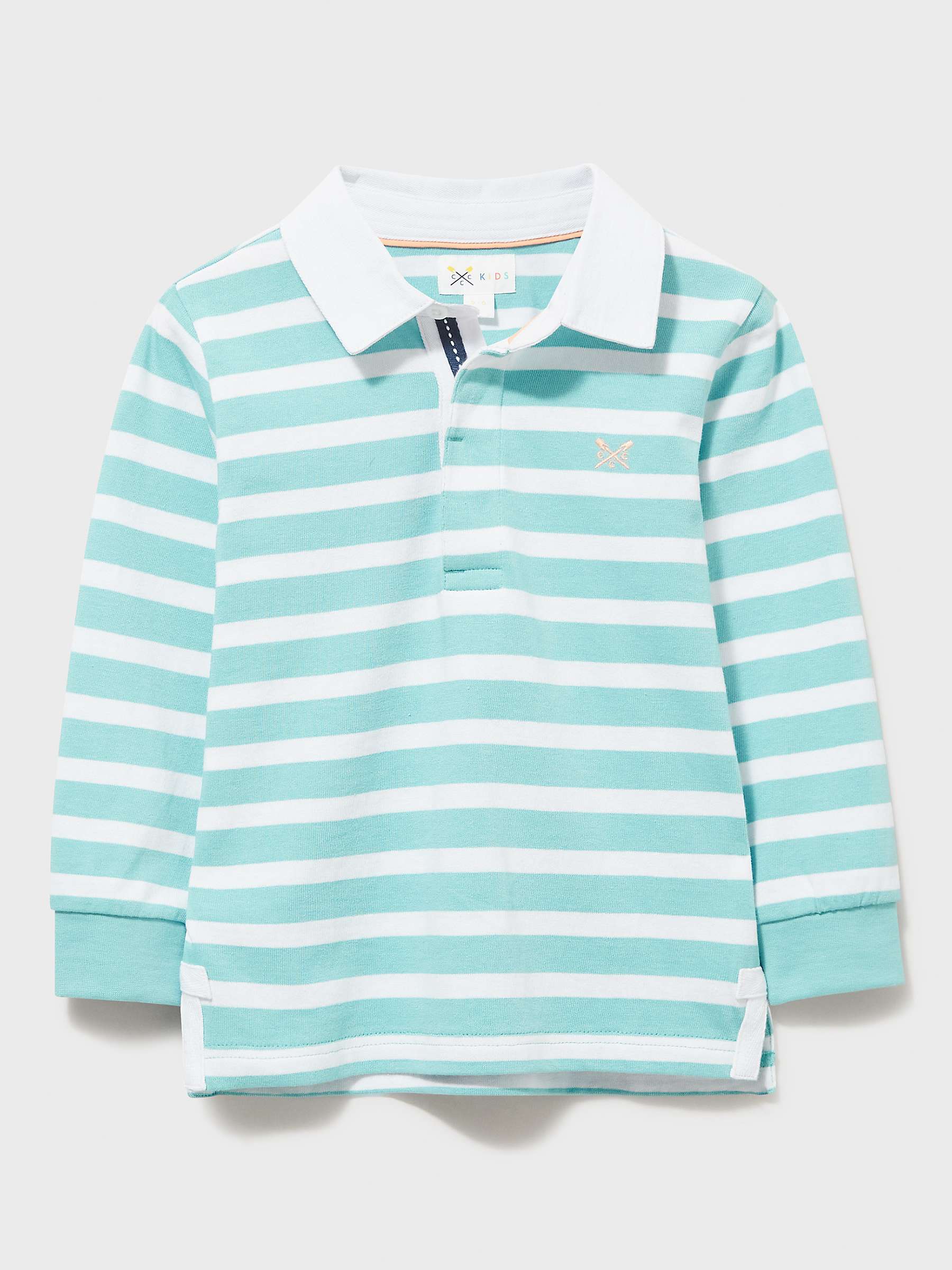 Crew Clothing Kids' Stripe Long Sleeve Rugby Shirt, Turquoise/White at ...