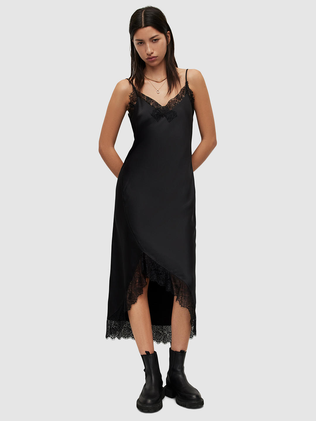 AllSaints Praia Lace Slip Midi Dress, Black at John Lewis & Partners