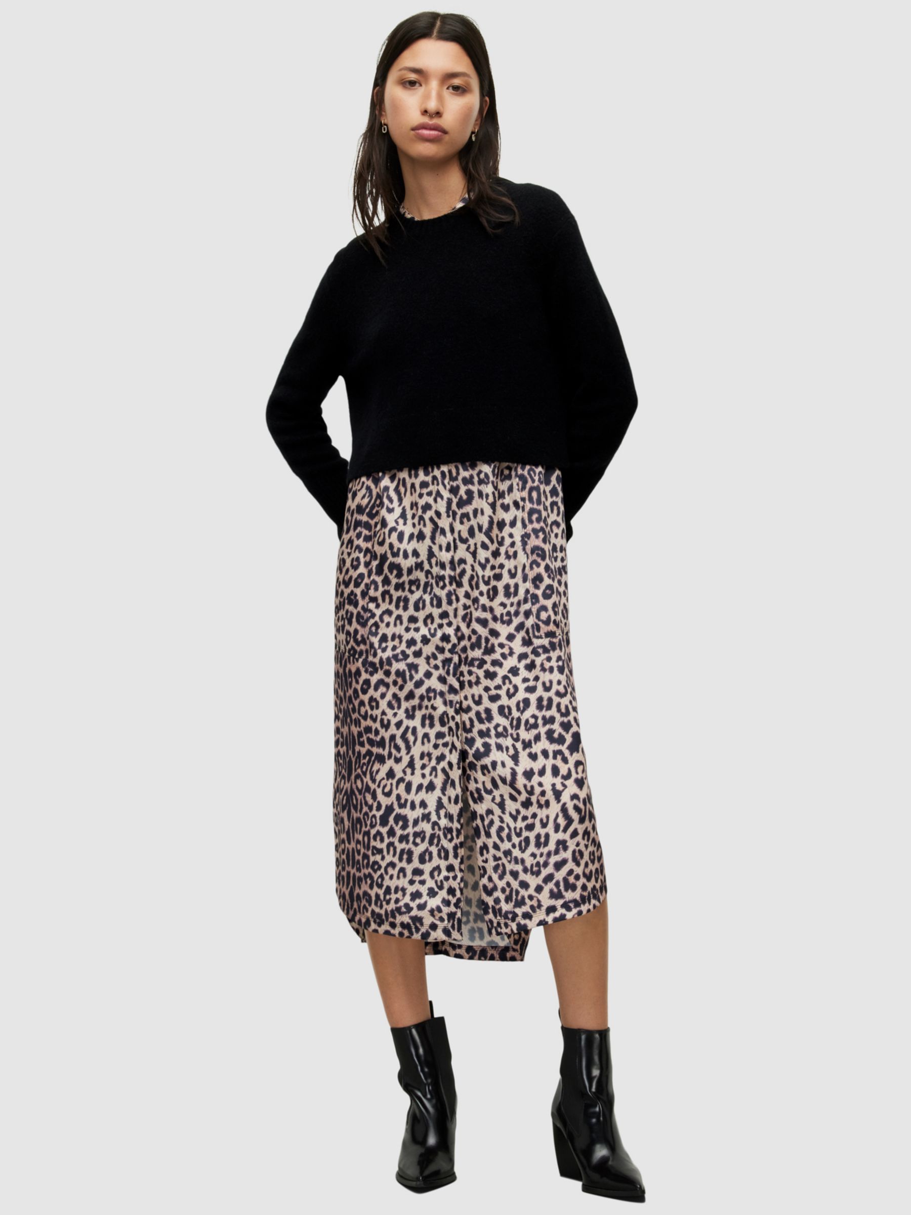 AllSaints Angelina 2-In-1 Leopard Print Dress, Black, XS