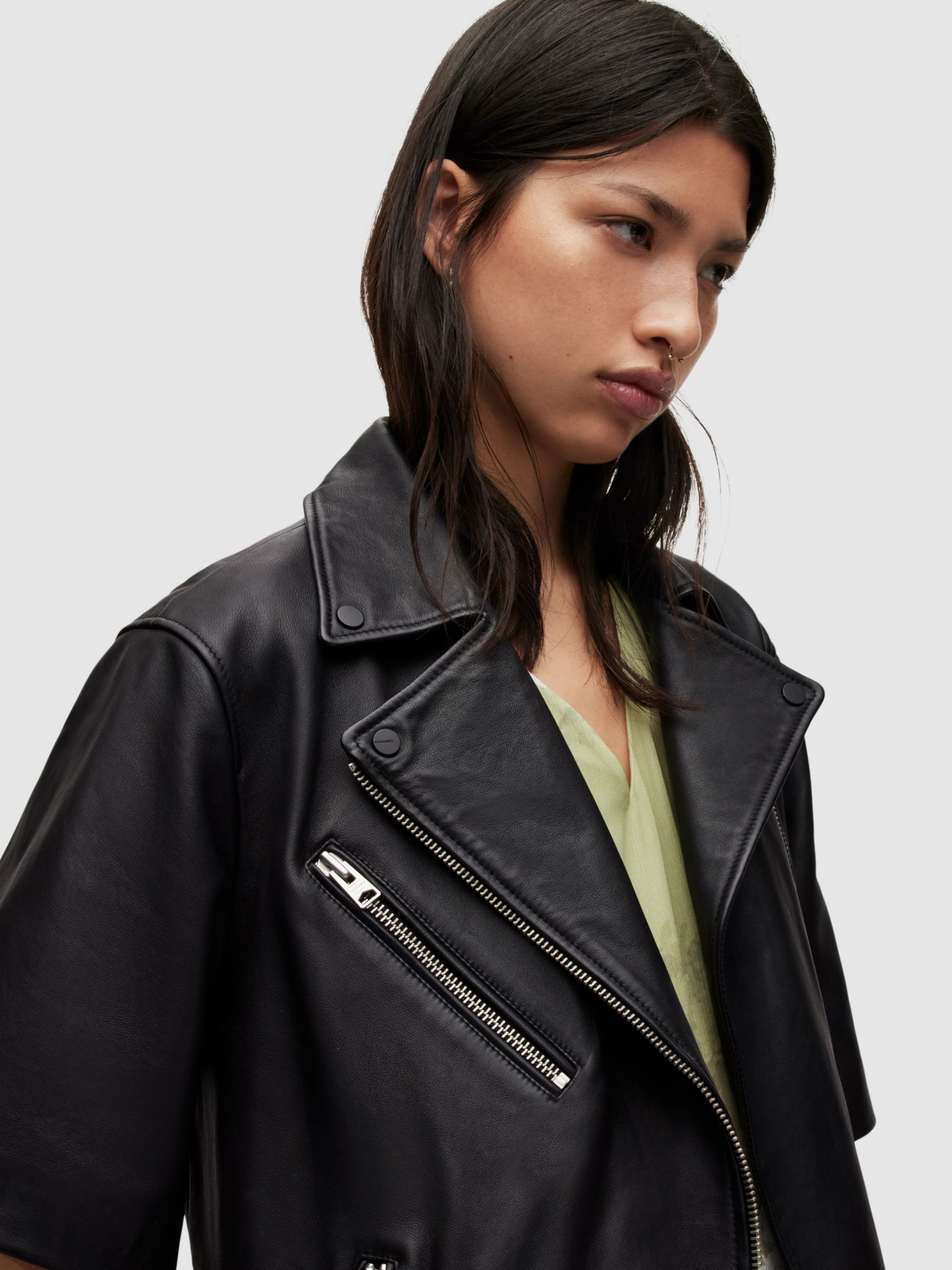 AllSaints Short Sleeved Leather Biker Jacket, Black at John Lewis