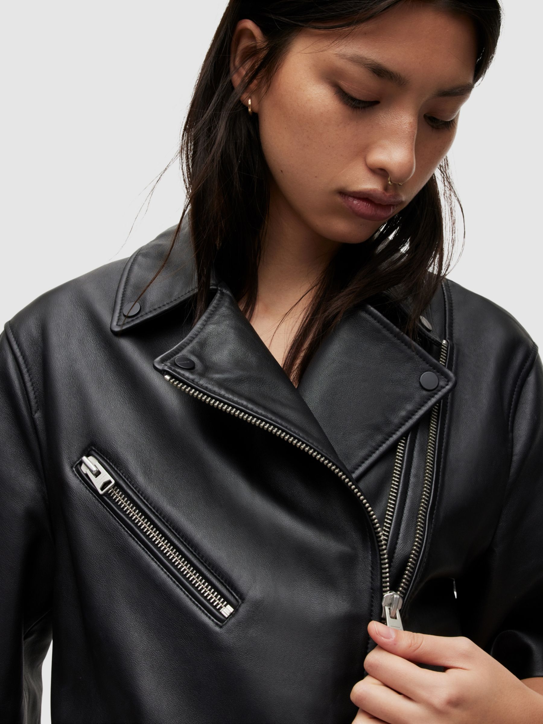 AllSaints Short Sleeved Leather Biker Jacket, Black at John Lewis