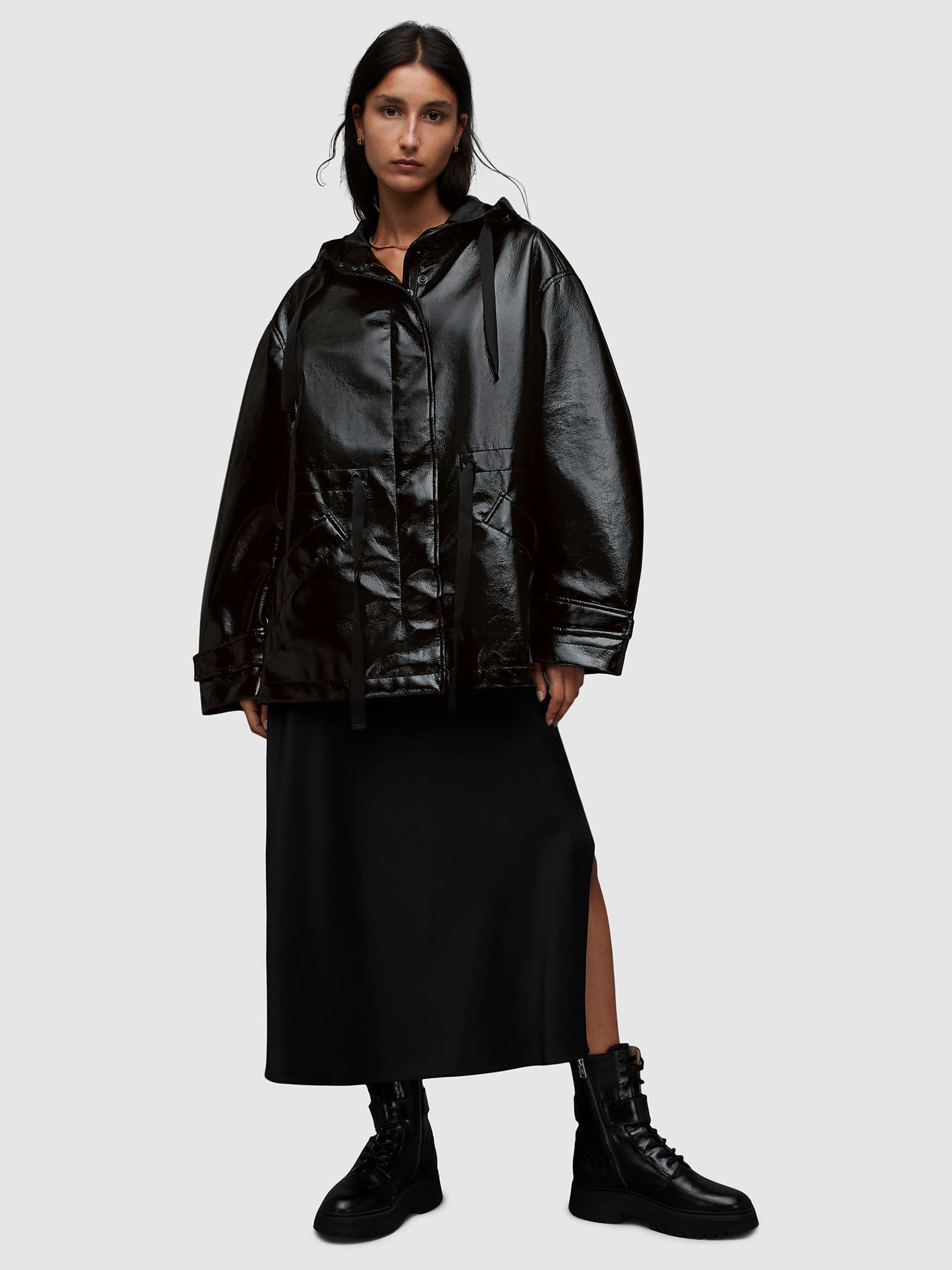 AllSaints Kelsie Shine Hooded Jacket, Black at John Lewis & Partners