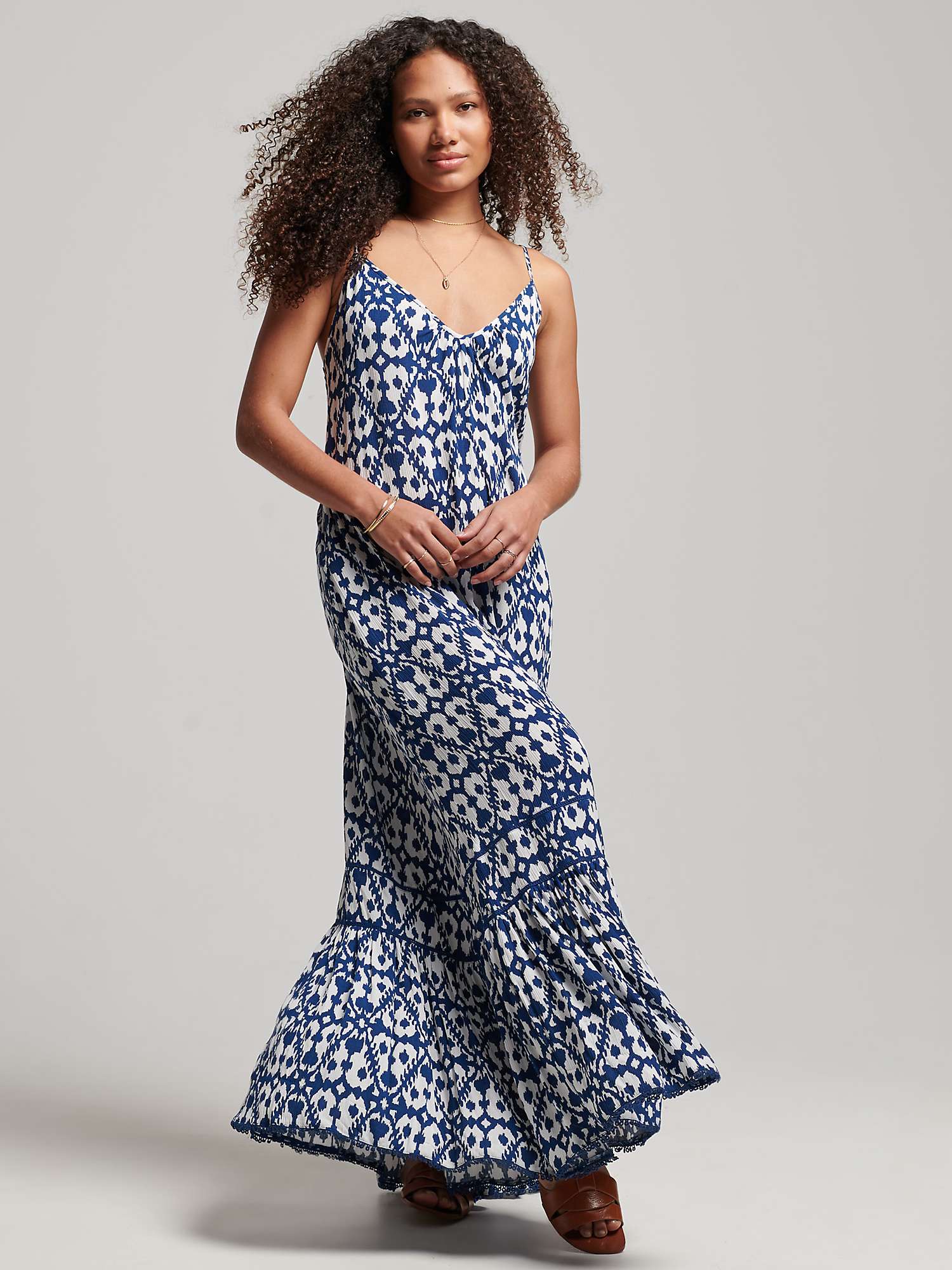 Superdry Long Beach Cami Dress, Arrow Ikat Blue at John Lewis & Partners
