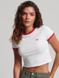 Superdry Organic Cotton Ringer Crop T-Shirt, Optic White/Red