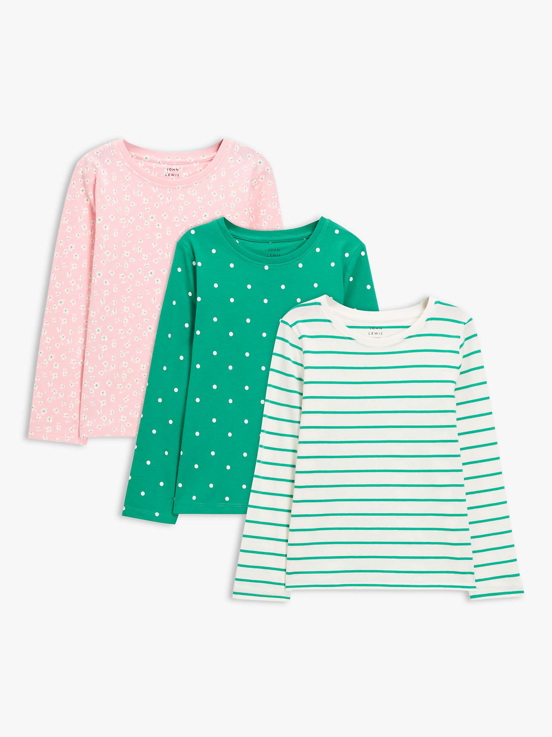 Buy John Lewis Kids' Floral/Spot/Stripe Jersey Tops, Pack of 3, Pink/Green Online at johnlewis.com