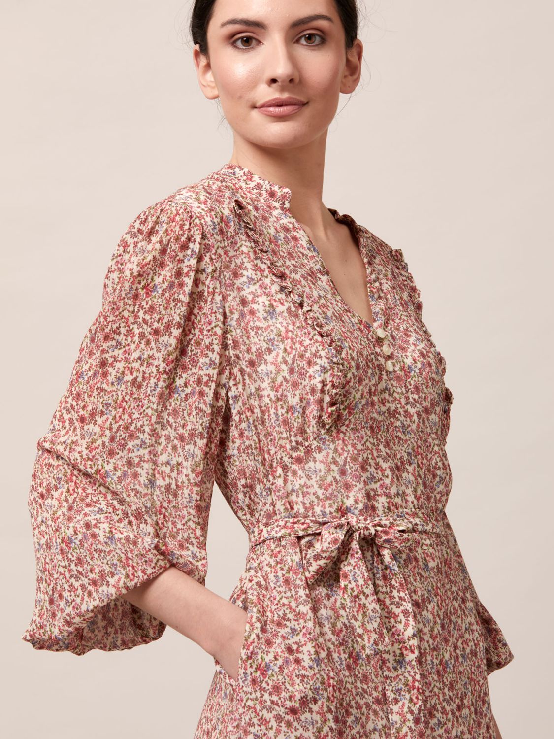Helen McAlinden Vintage Floral Soft Belted Midi Dress, Blush/Multi, 8