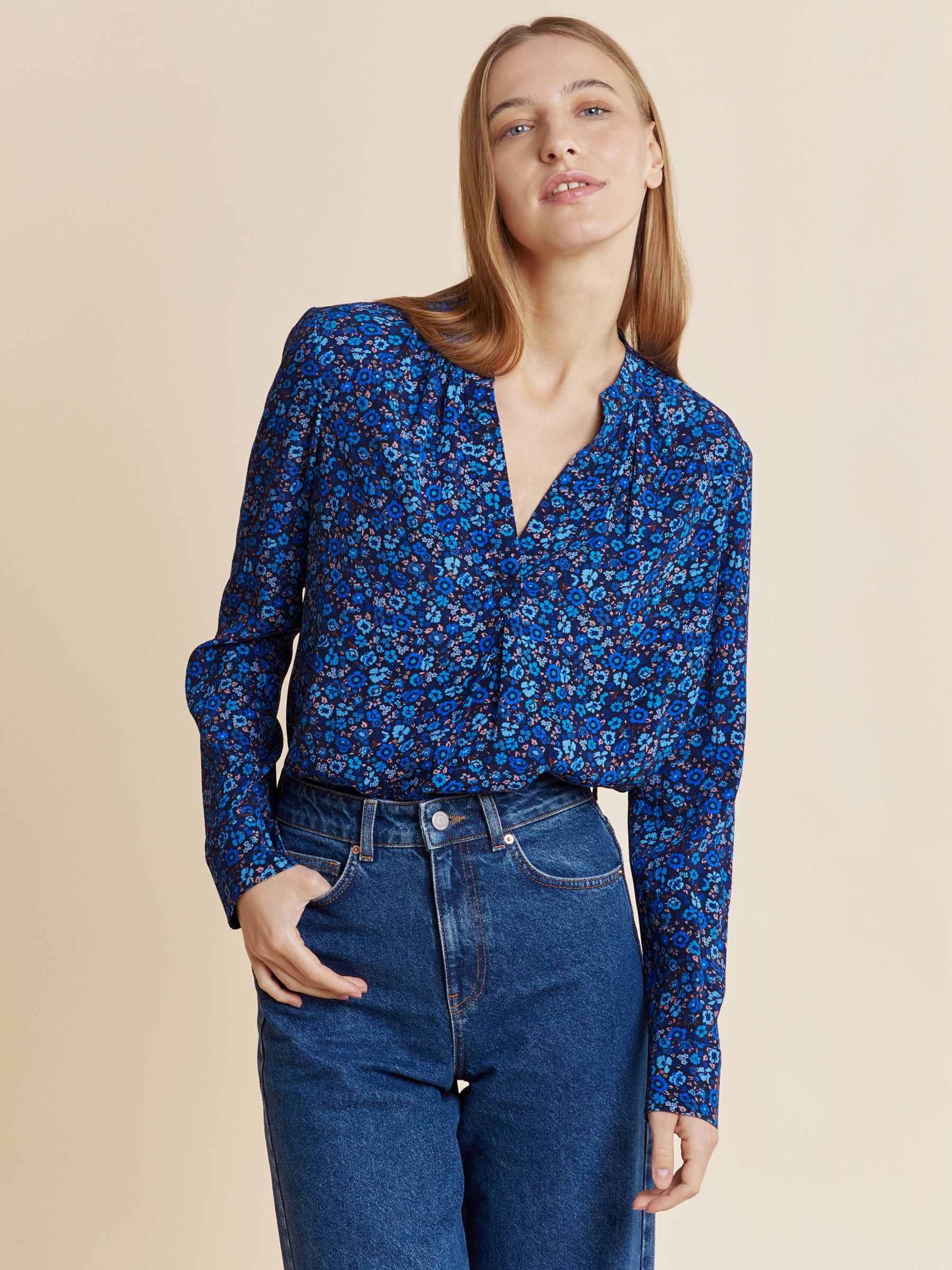Albaray Florence Pull Over Blouse, Blue at John Lewis & Partners