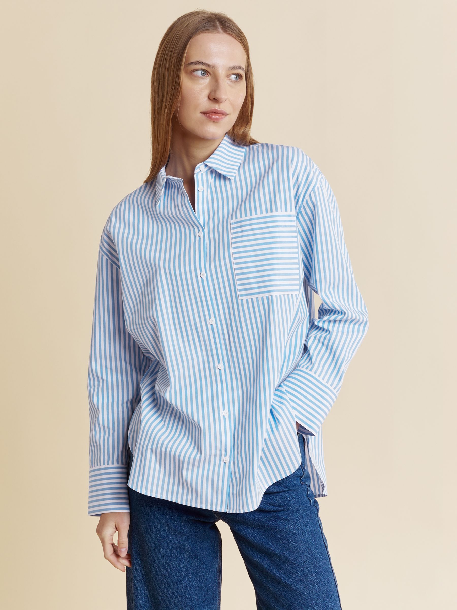 Albaray Stripe Organic Cotton Shirt, Blue/White at John Lewis & Partners