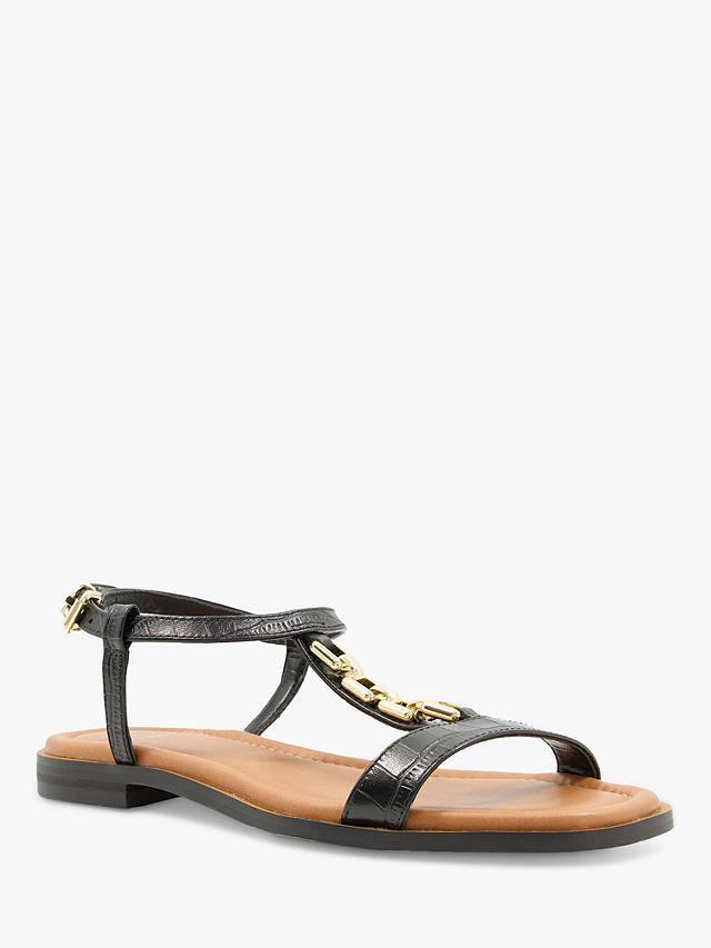 Dune Lotty Leather Chain Detail T-Bar Sandals, Black at John Lewis ...
