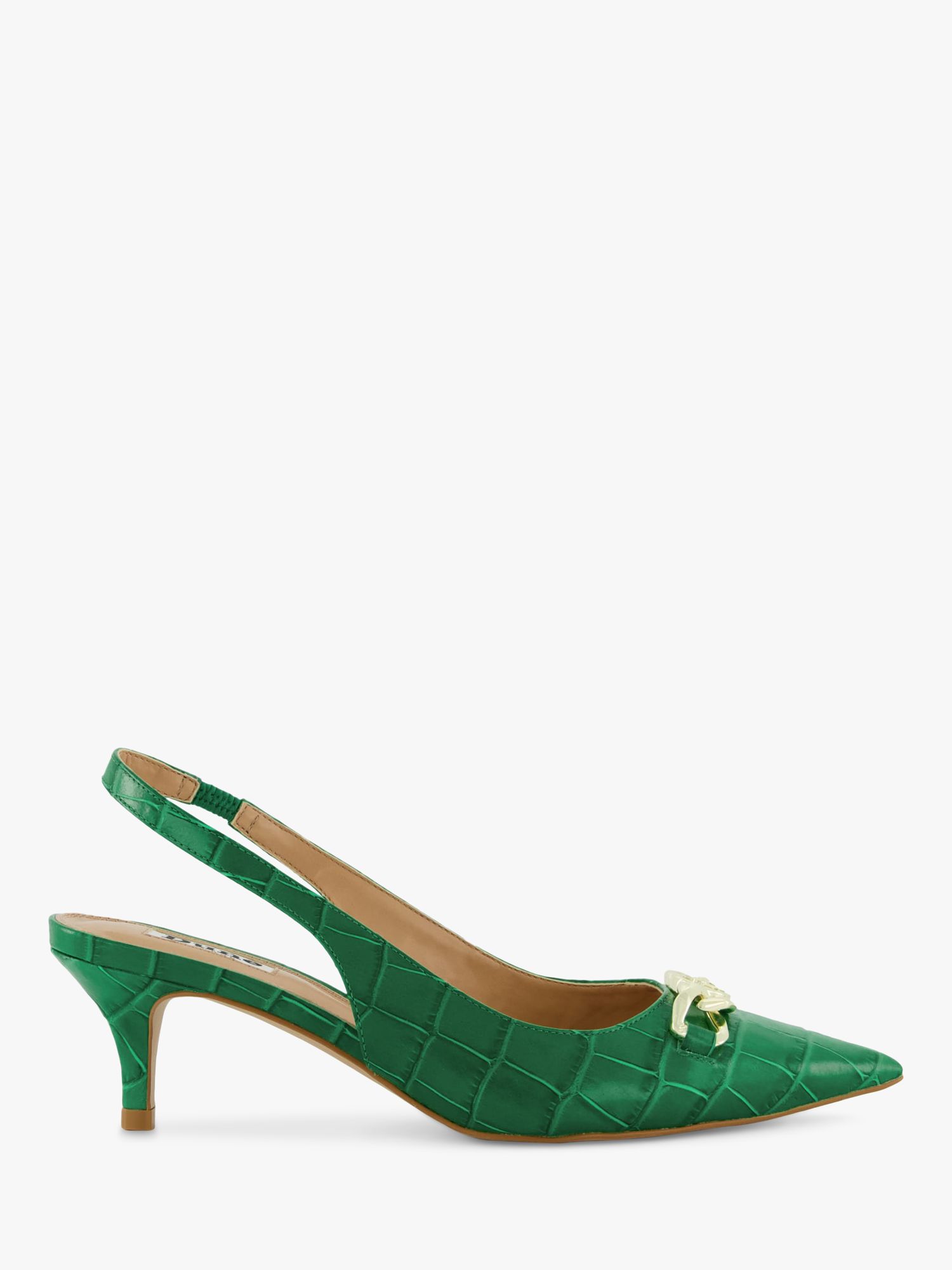 Dune Current Leather Croc Slingback Court Shoes, Green, 3