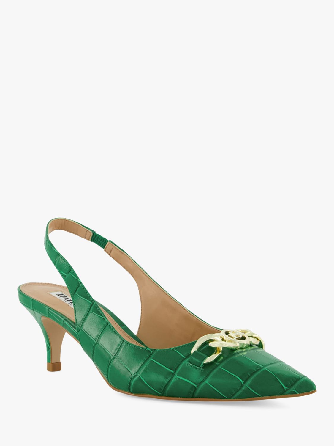 Dune Current Leather Croc Slingback Court Shoes, Green, 3