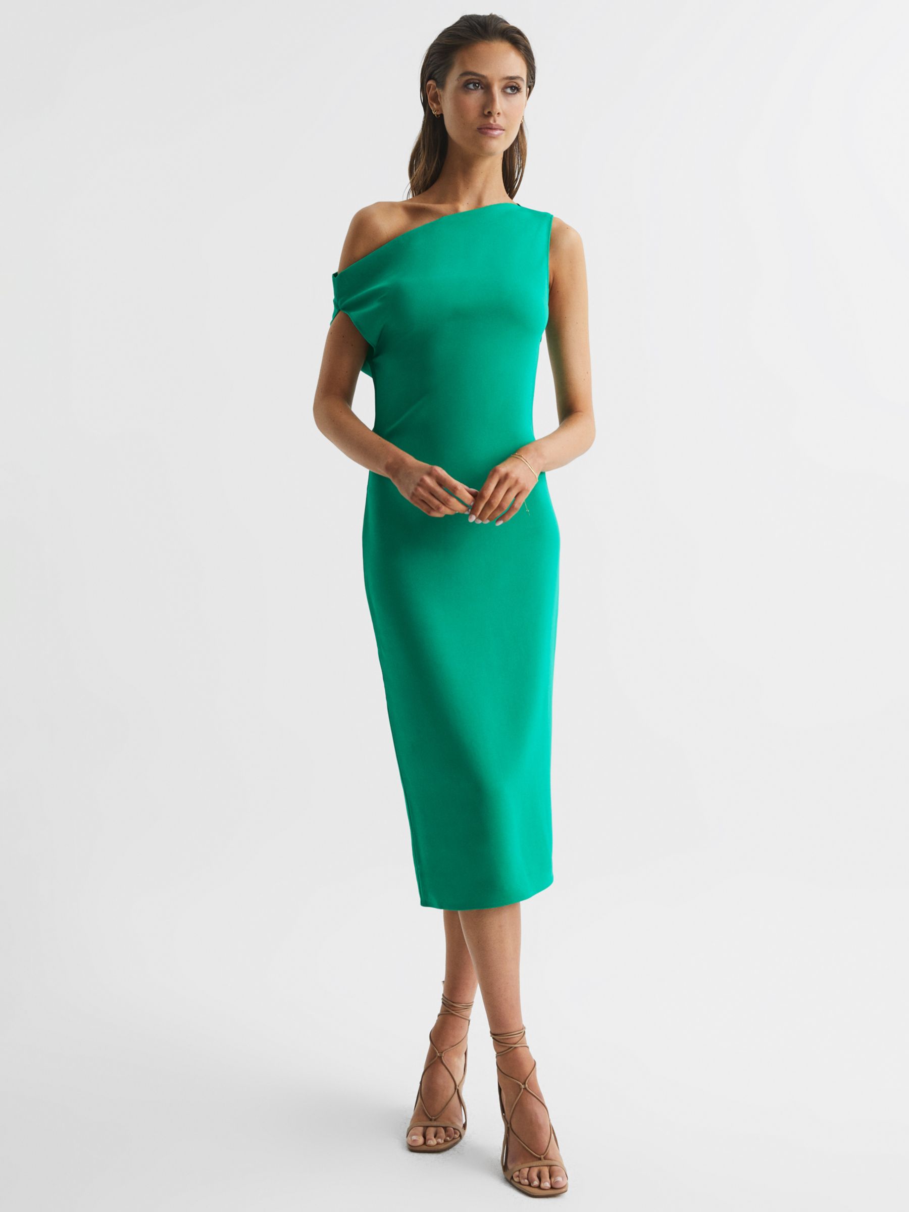 Reiss Zaria Asymmetric Neck Midi Dress, Green at John Lewis & Partners