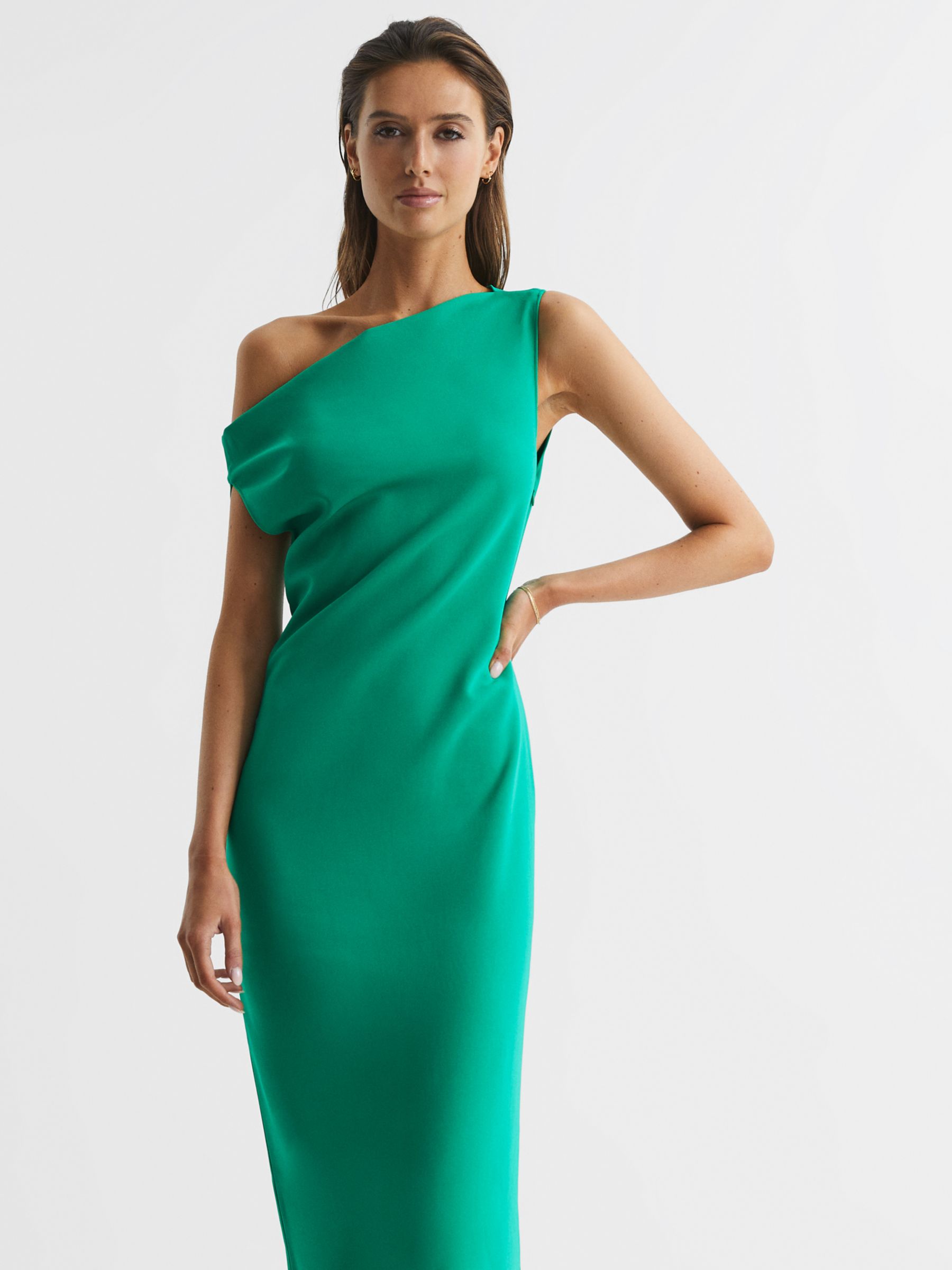 Reiss Zaria Asymmetric Neck Midi Dress, Green at John Lewis & Partners