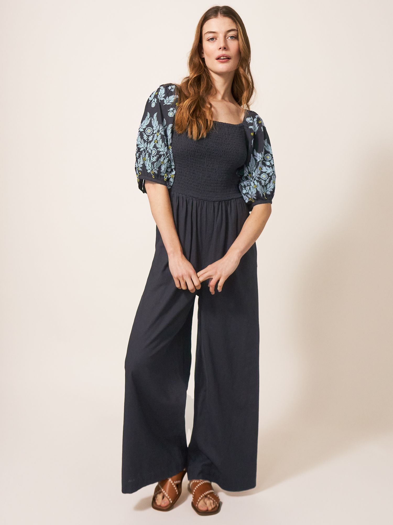 White Stuff Embroidered Sleeve Linen Blend Jumpsuit, Pure Black