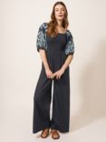 White Stuff Embroidered Sleeve Linen Blend Jumpsuit, Pure Black