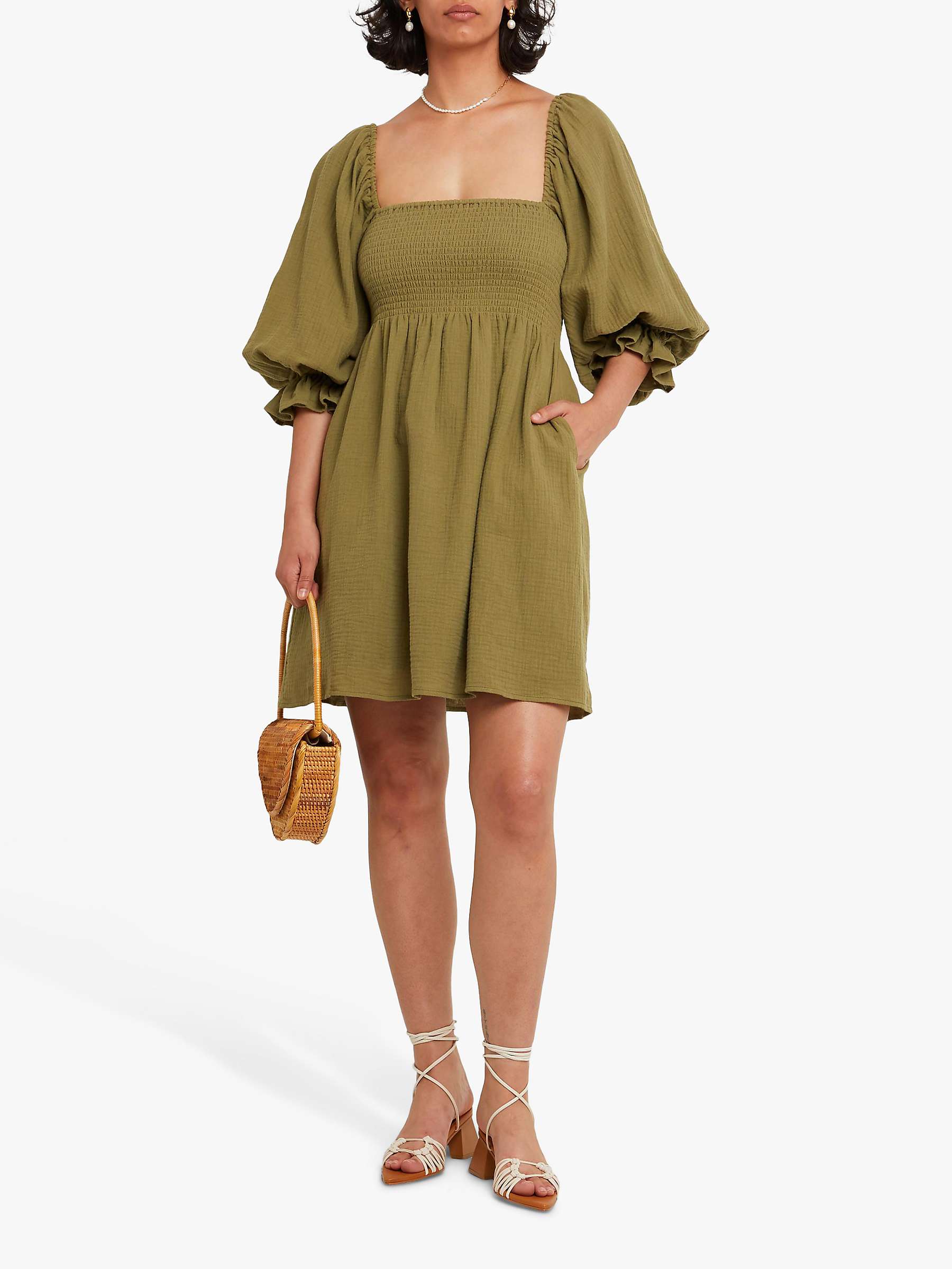 Buy kourt Portia Smocked Bodice Mini Dress, Army Green Online at johnlewis.com