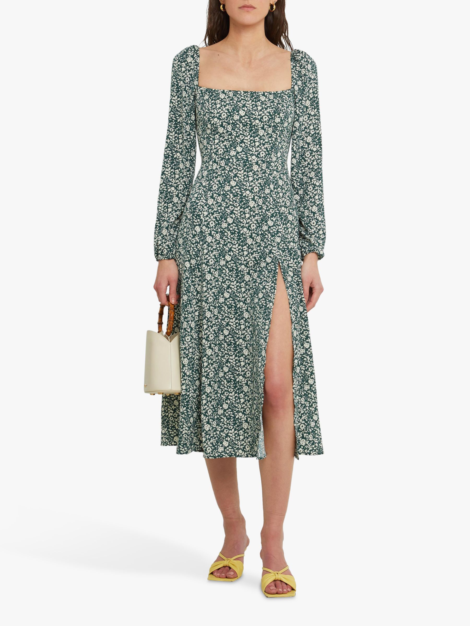 o.p.t Lenon Side Slit Midi Floral Dress, Forest/White, XS