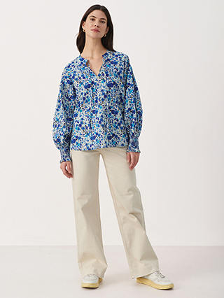 Part Two Namis Cotton Floral Balloon Sleeve Blouse, Blue