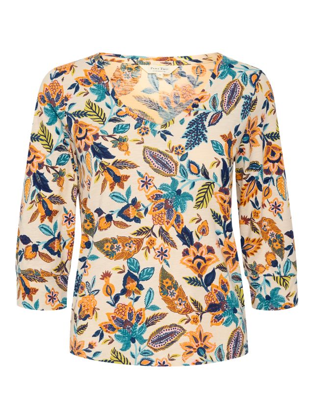 Part Two Riekes Cotton Floral V-Neck Top, Blue, XS