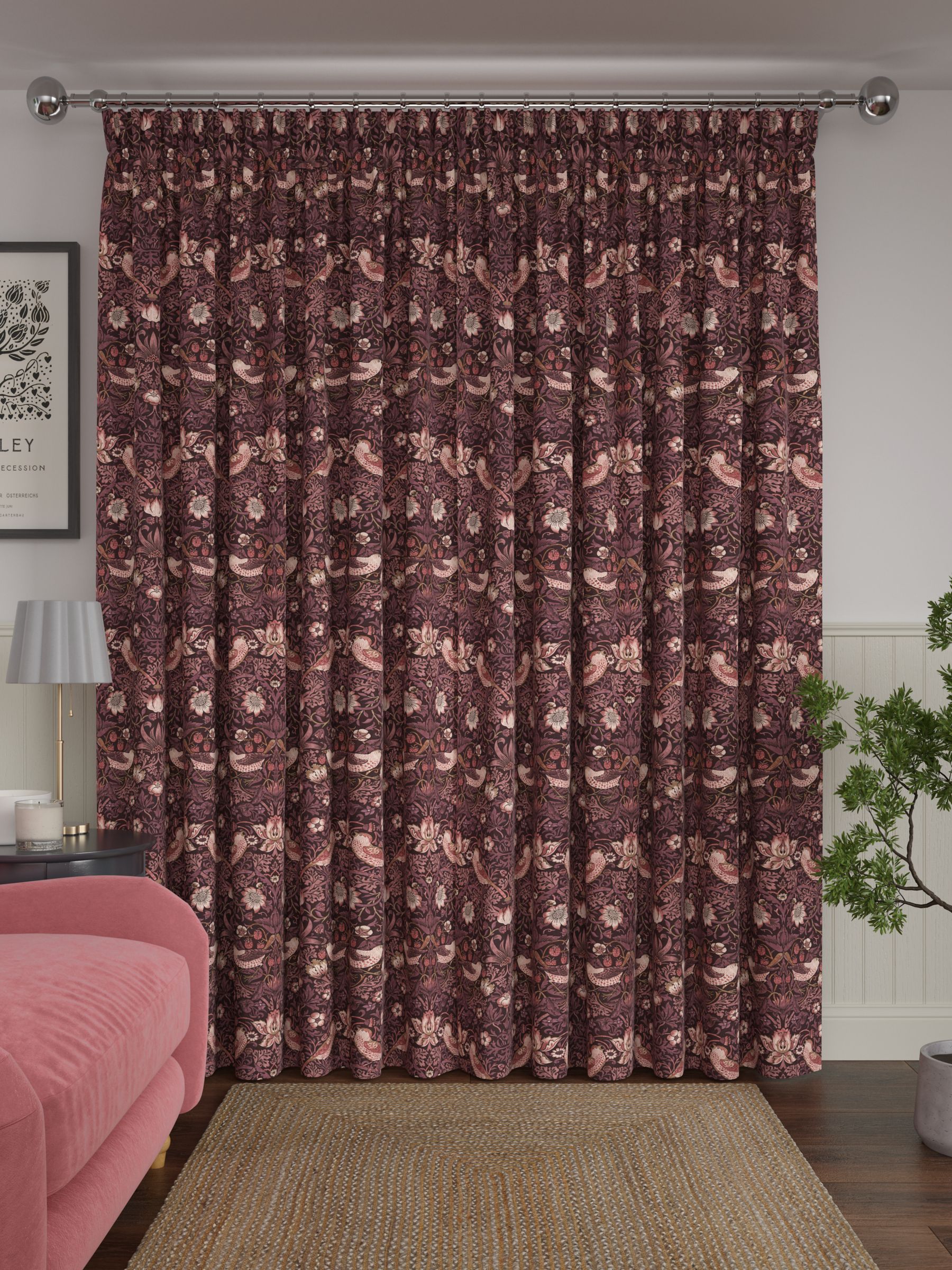 Morris & Co. Strawberry Thief Pair Lined Pencil Pleat Curtains, Damson ...