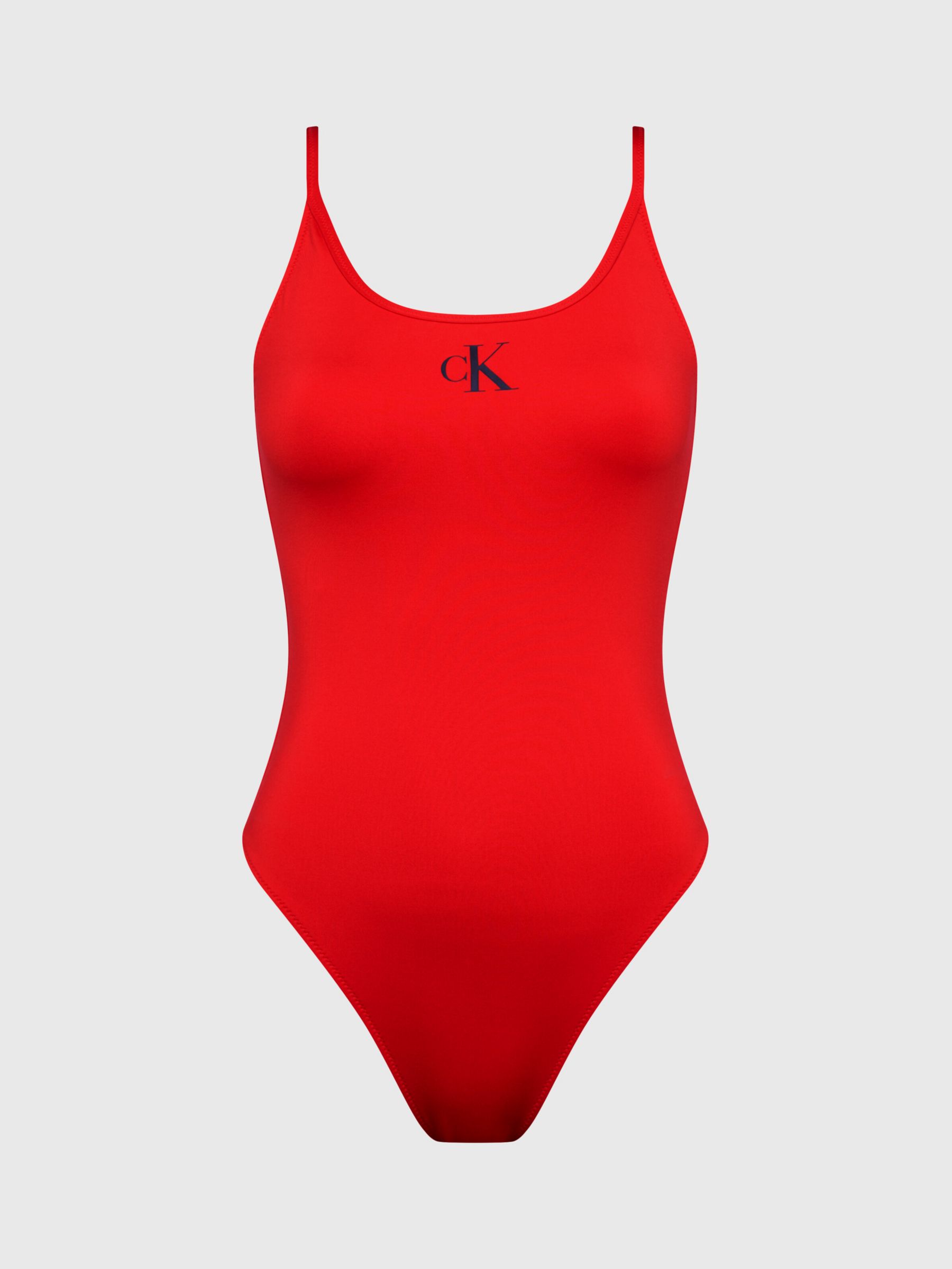 Calvin Klein Draped Strapless One Piece Swimsuit in Red