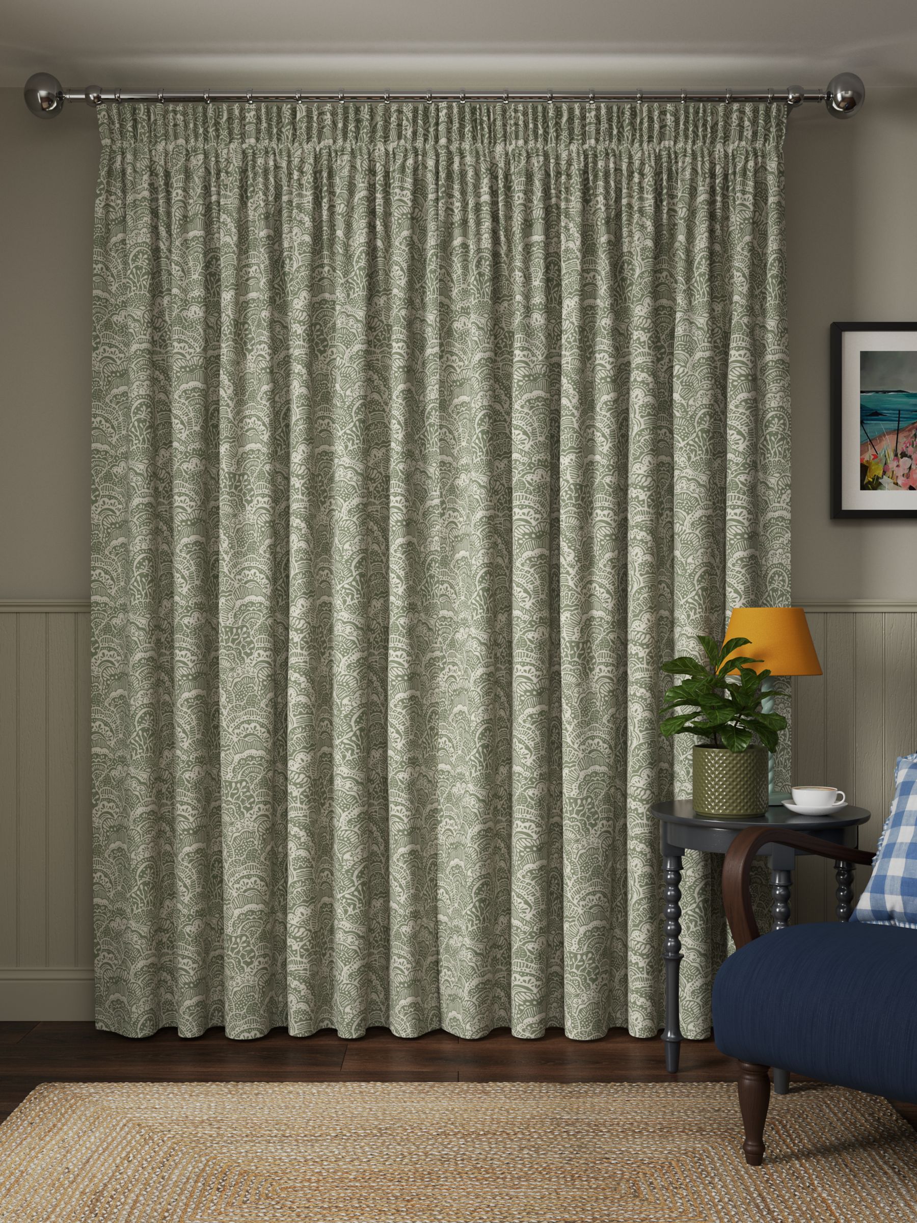 Floral Lined Ready Made Pencil Pleat Curtains Pair By Prestigous Green  Brown