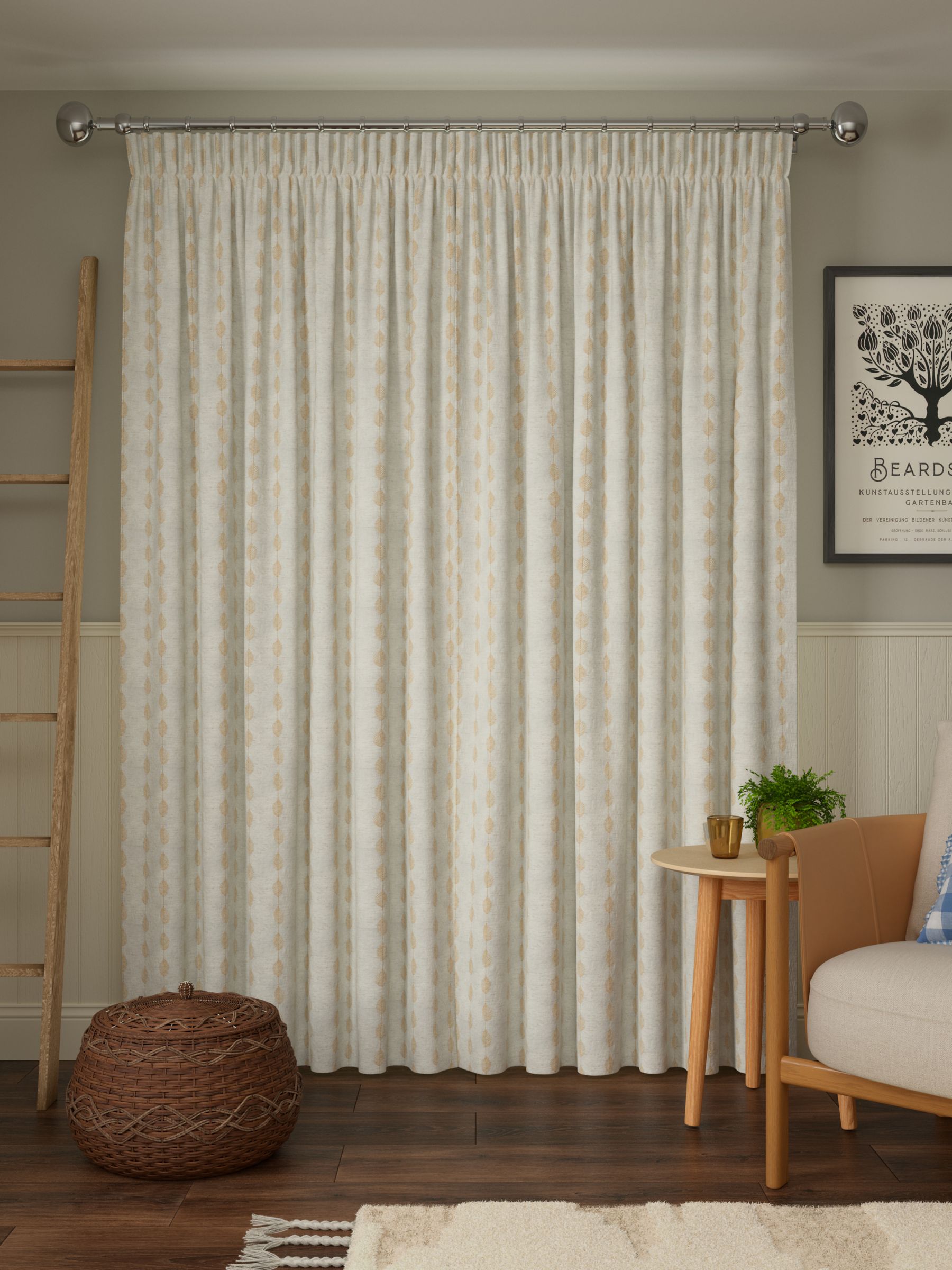 John Lewis Feather Leaf Embroidery Pair Lined Pencil Pleat Curtains, Honey