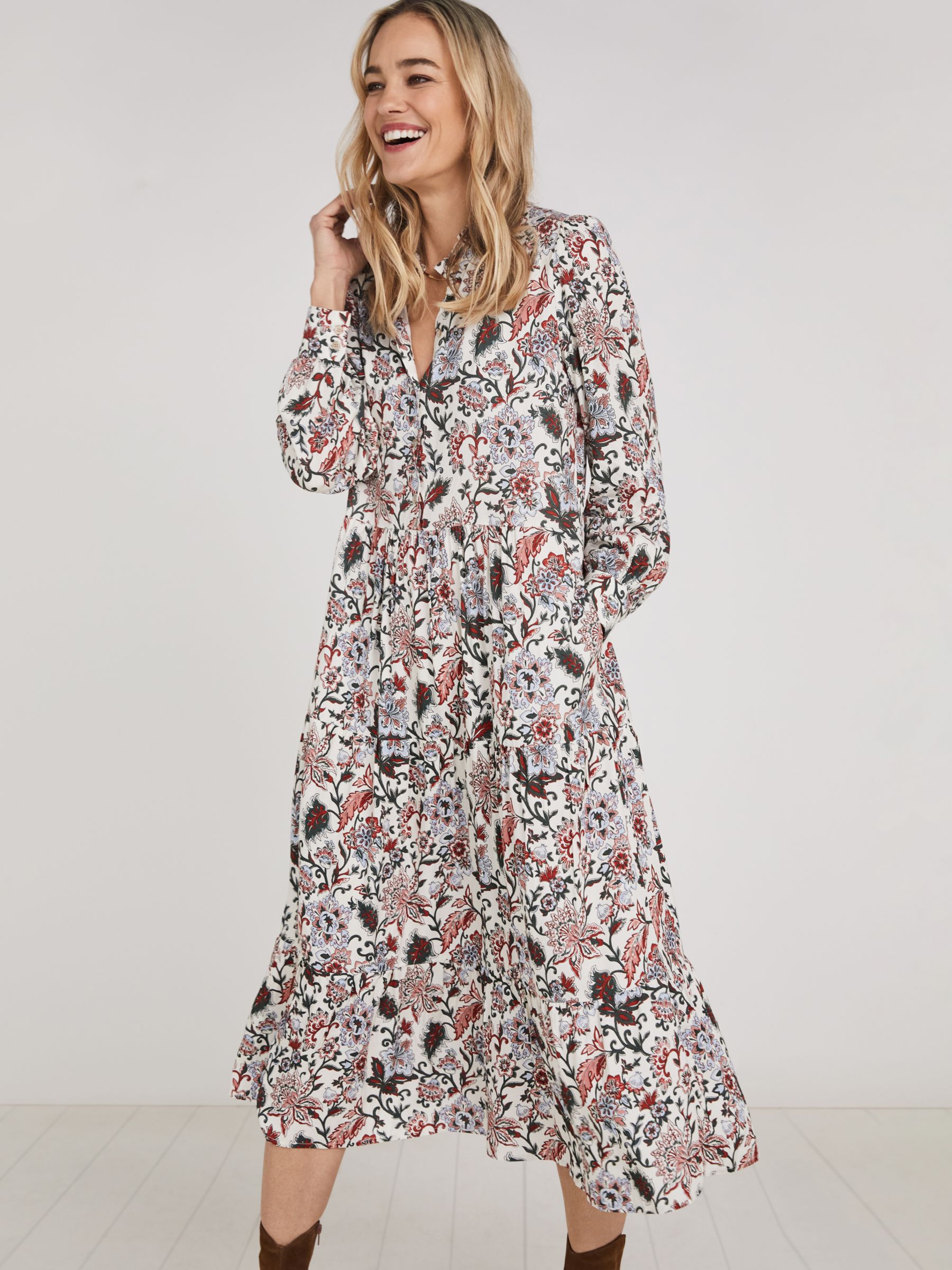Baukjen Arlette Folk Print Midi Dress, Khaki/Multi