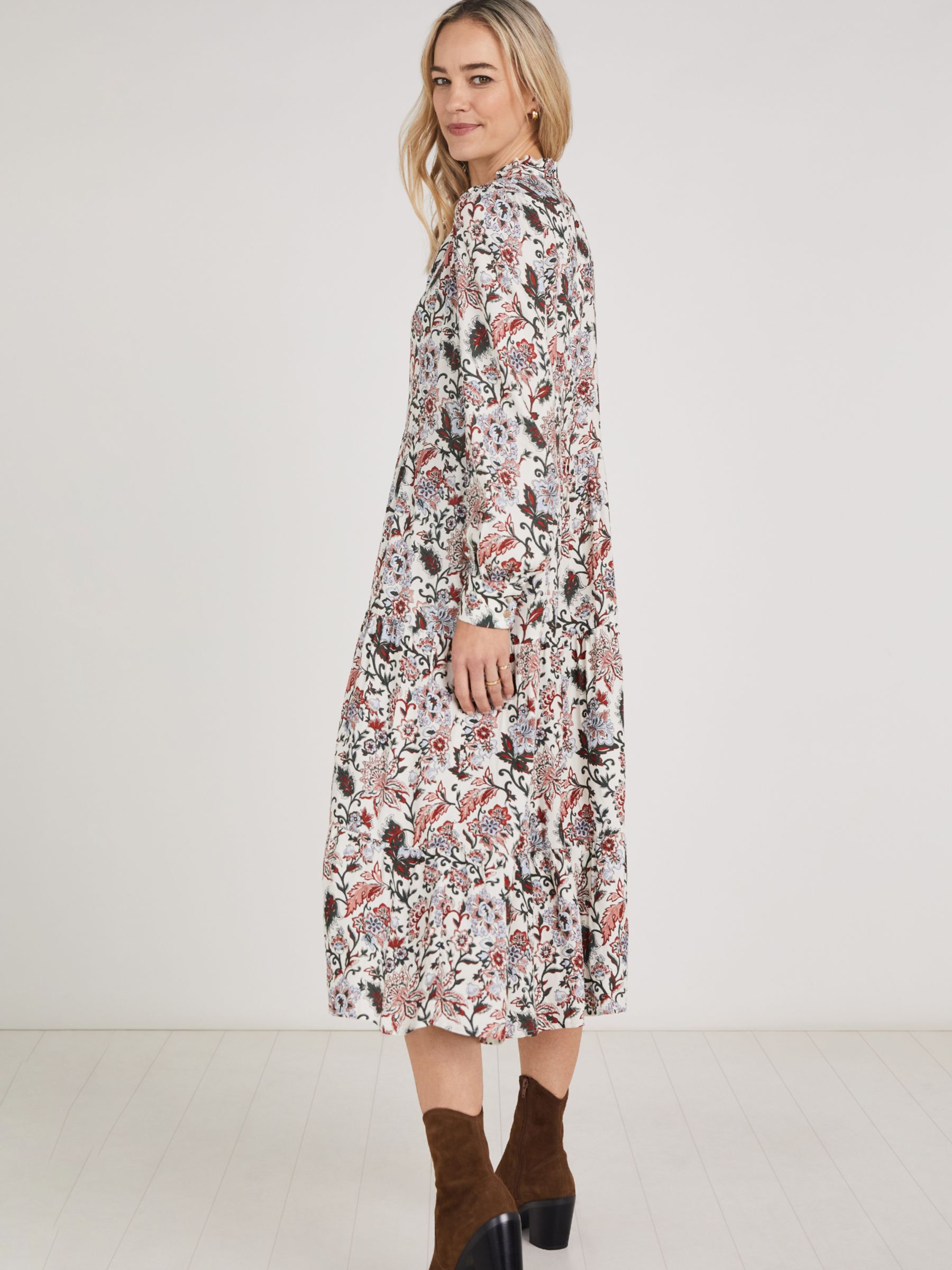 Baukjen Arlette Folk Print Midi Dress, Khaki/Multi at John Lewis & Partners
