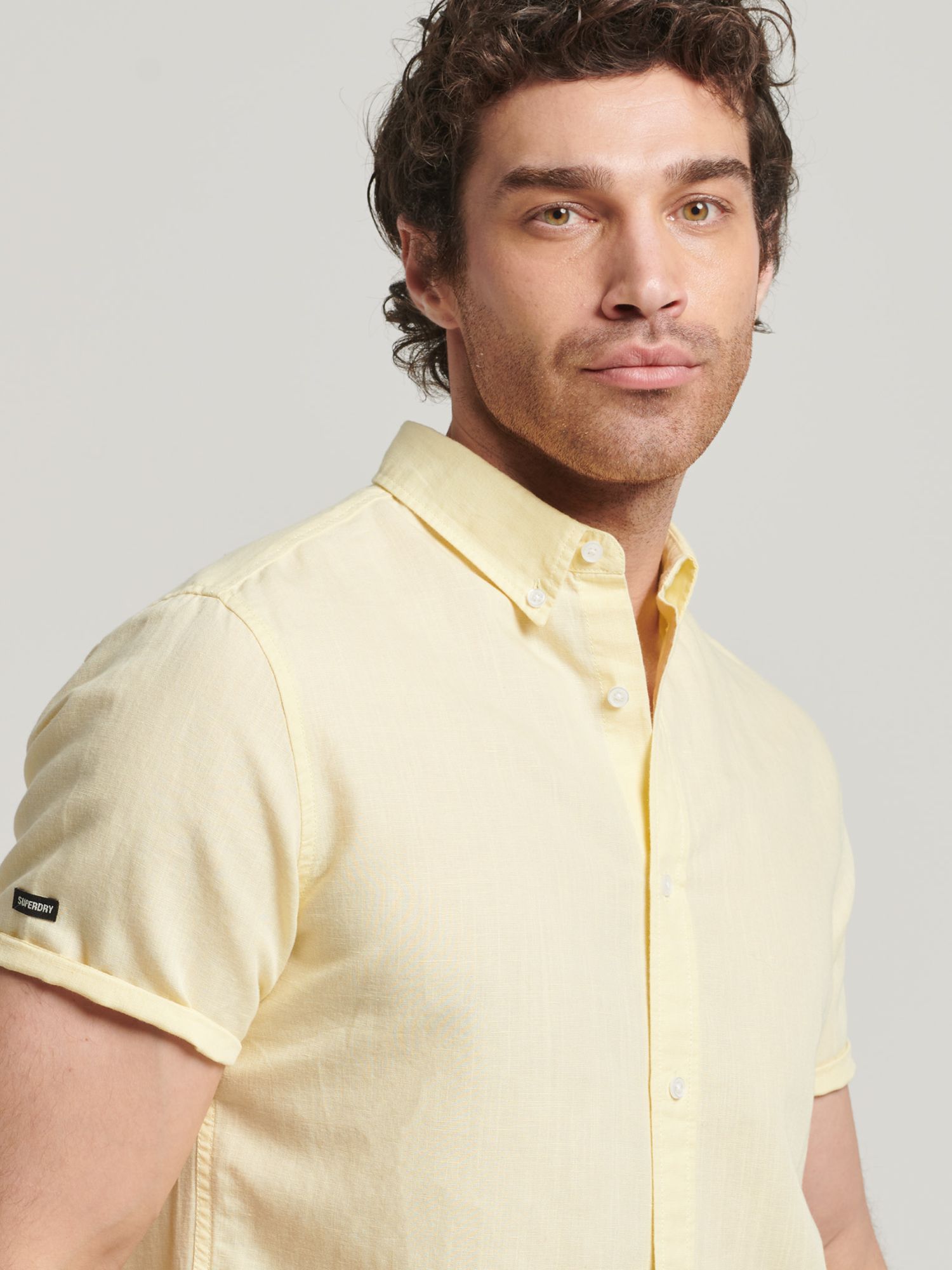 Superdry Linen Blend Short Sleeve Shirt, Pastel Yellow, XL