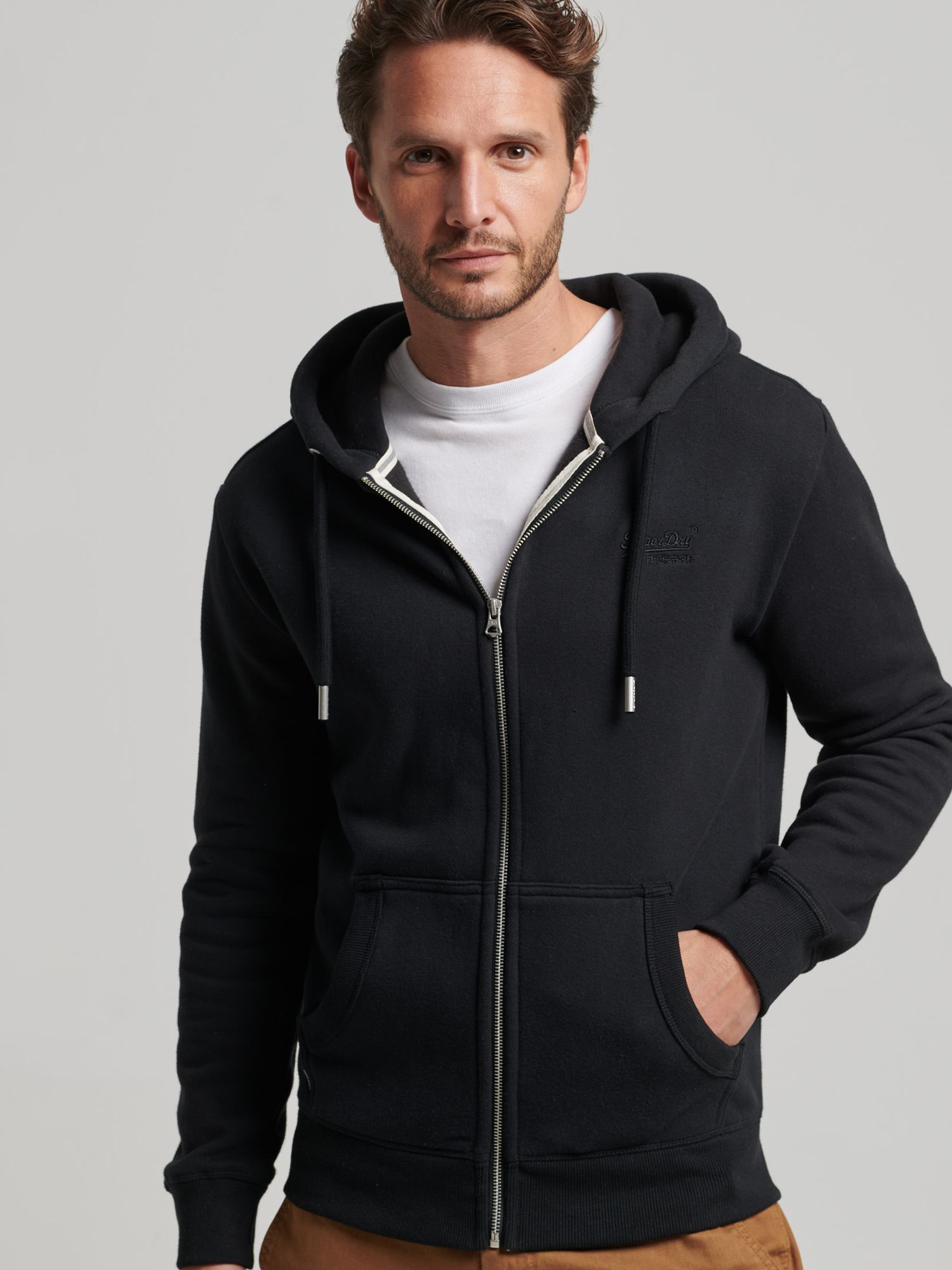 Superdry Vintage Logo Embroidered Zip Hoodie, Black at John Lewis ...