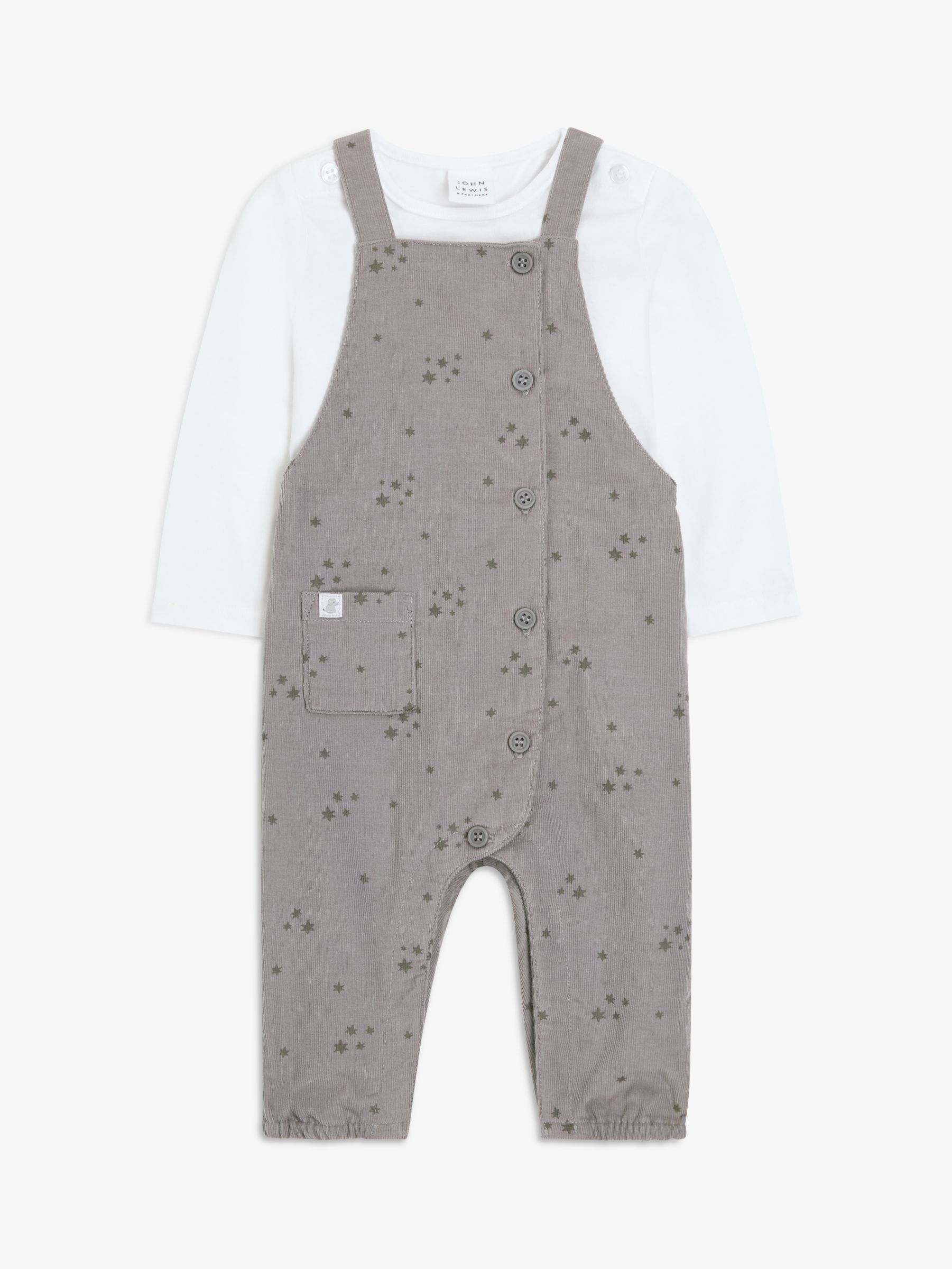 John Lewis Baby Long Sleeve Tee & Star Print Dungaree Set, Grey, 6-9 months