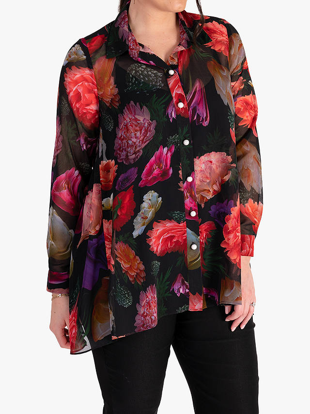 chesa Rose Bouquet Print Blouse with Back Pleat Detail, Black/Multi