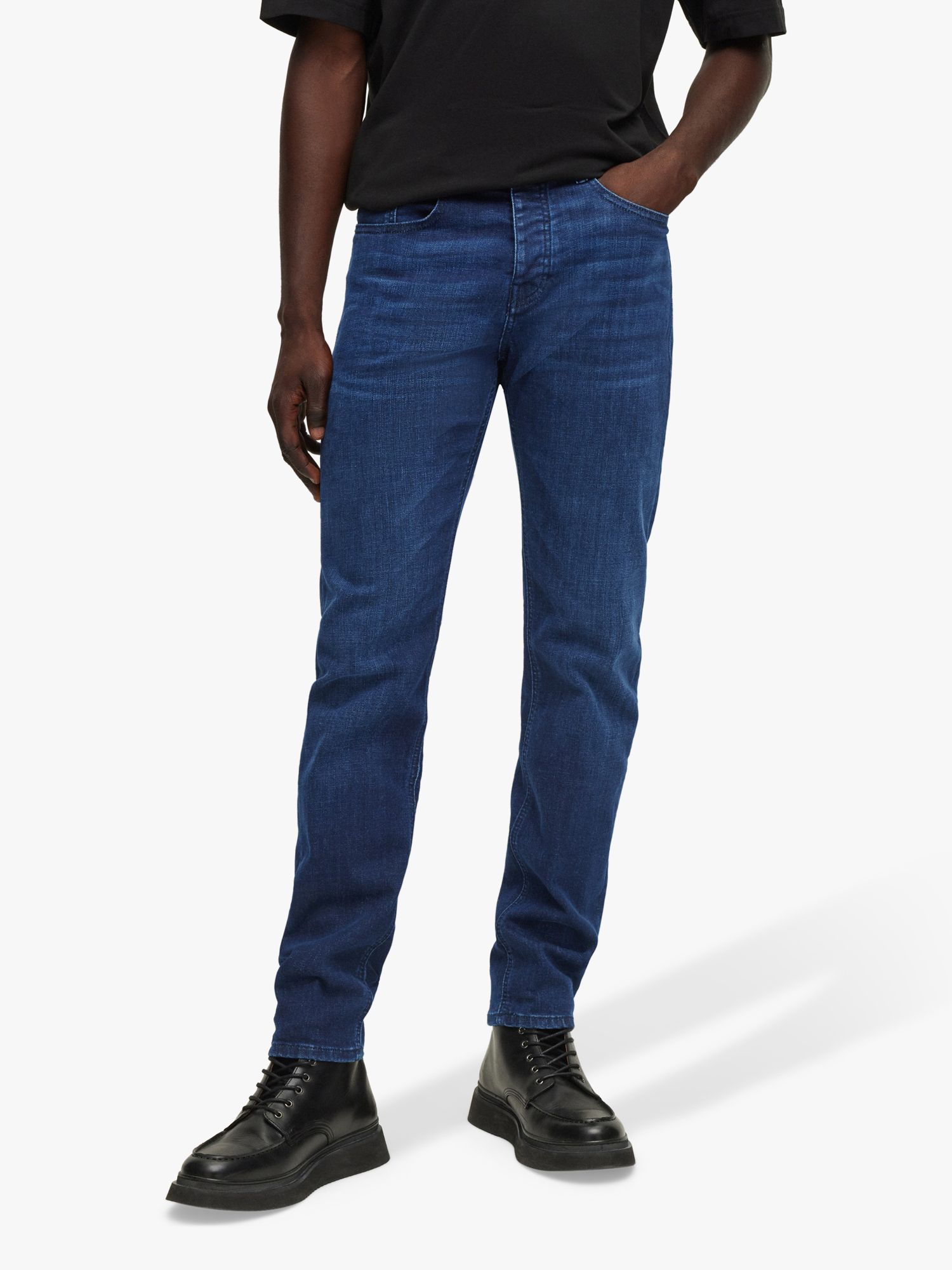 BOSS Taber Tapered Fit Jeans, Navy at John Lewis & Partners